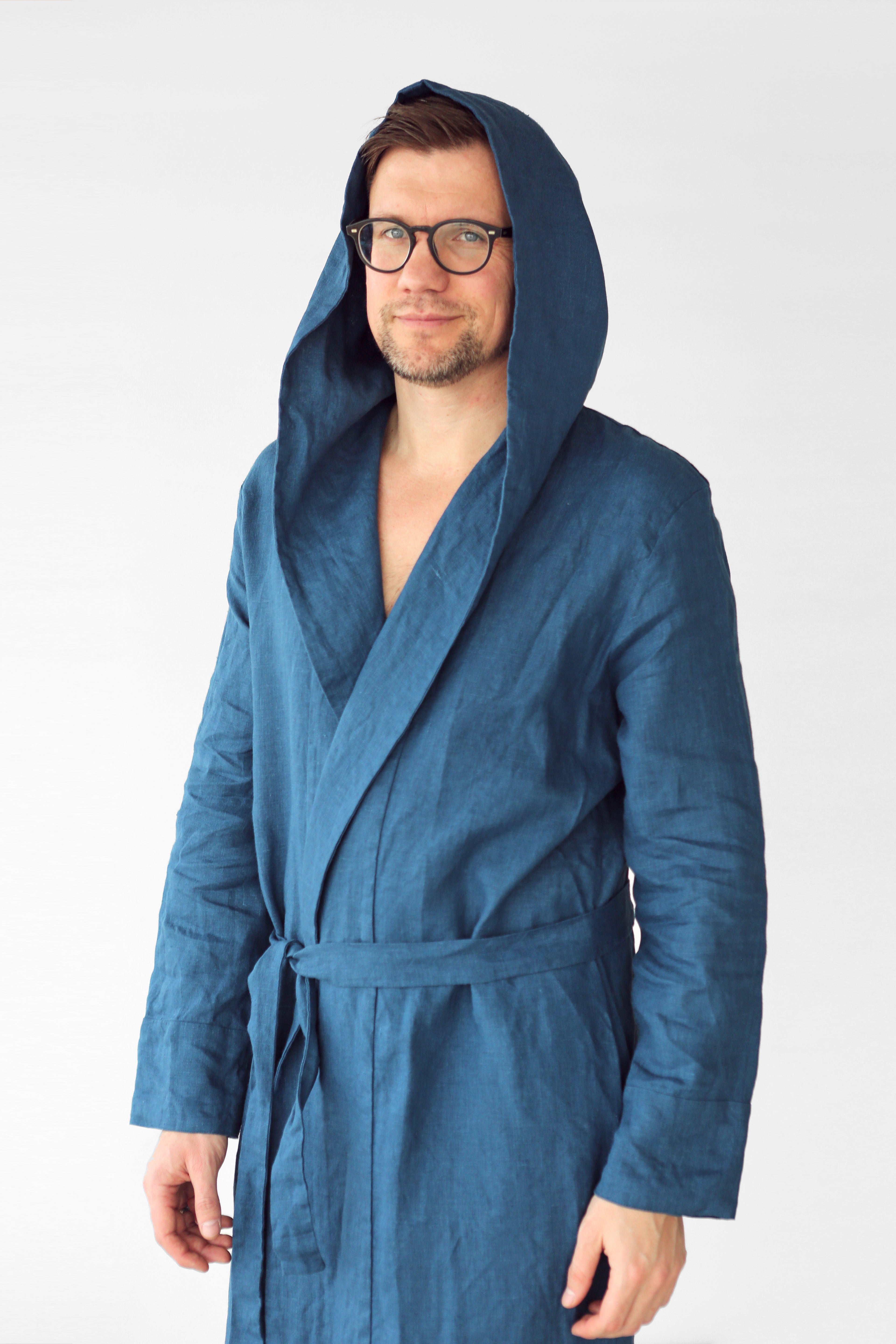 Men’s linen robe with a hood EVERGREEN LONG in Navy blue