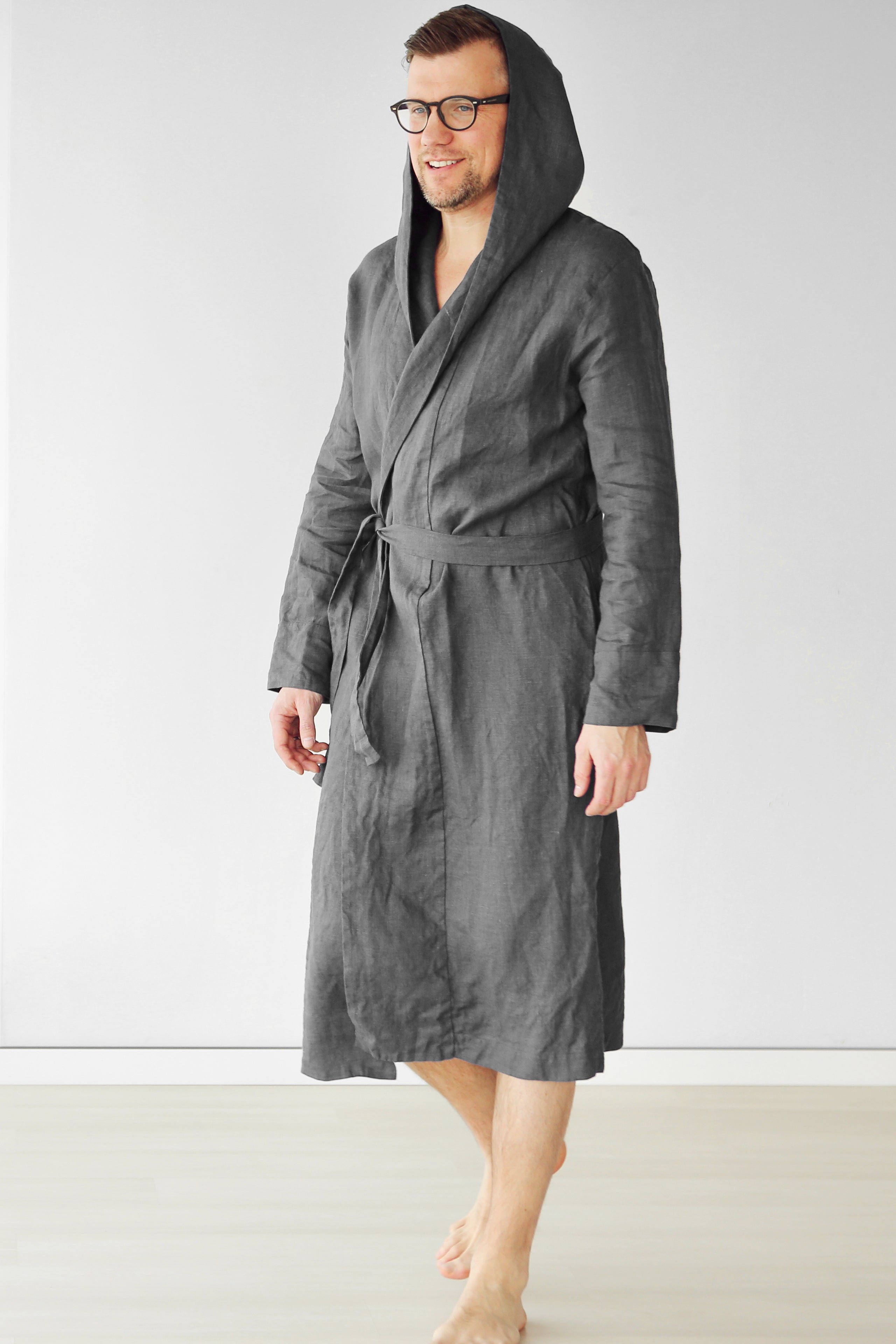 Men’s linen robe with a hood EVERGREEN LONG in Dark grey
