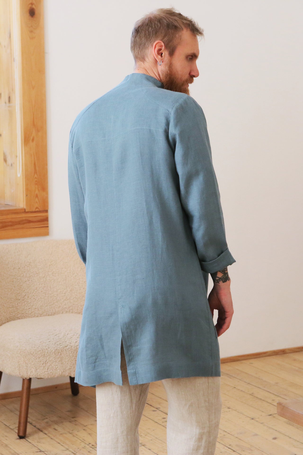 Men’s Linen Trench ALMOND in Blue grey