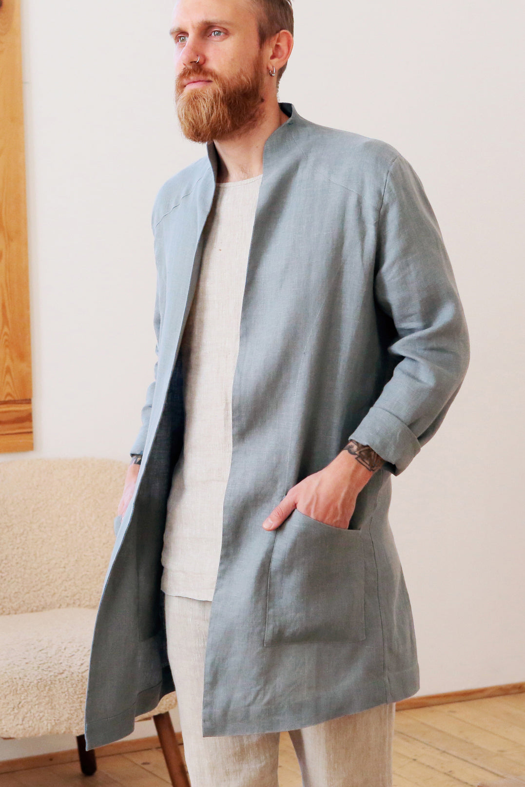 Men’s Linen Trench ALMOND in Light grey