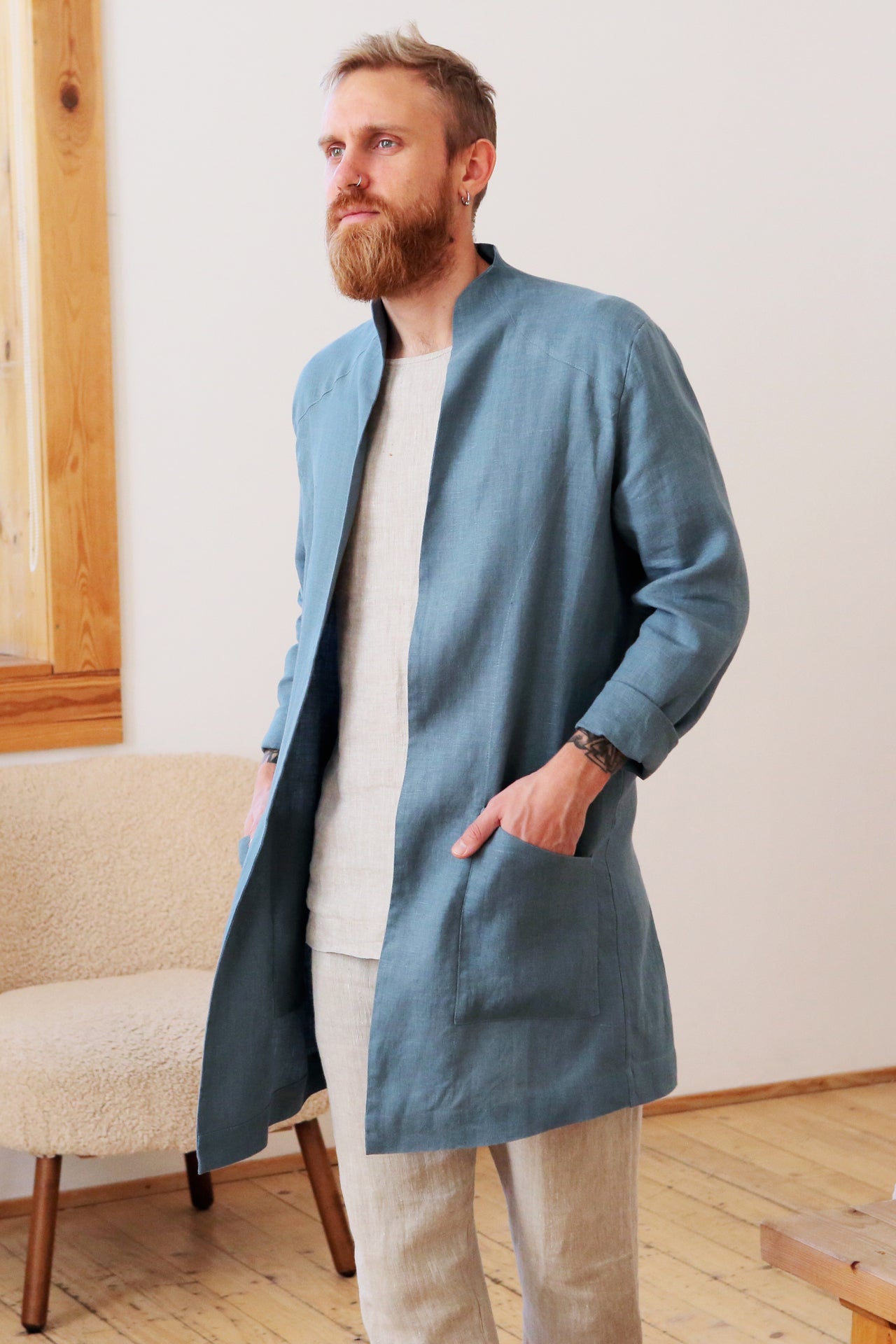 Men’s Linen Trench ALMOND in Blue grey