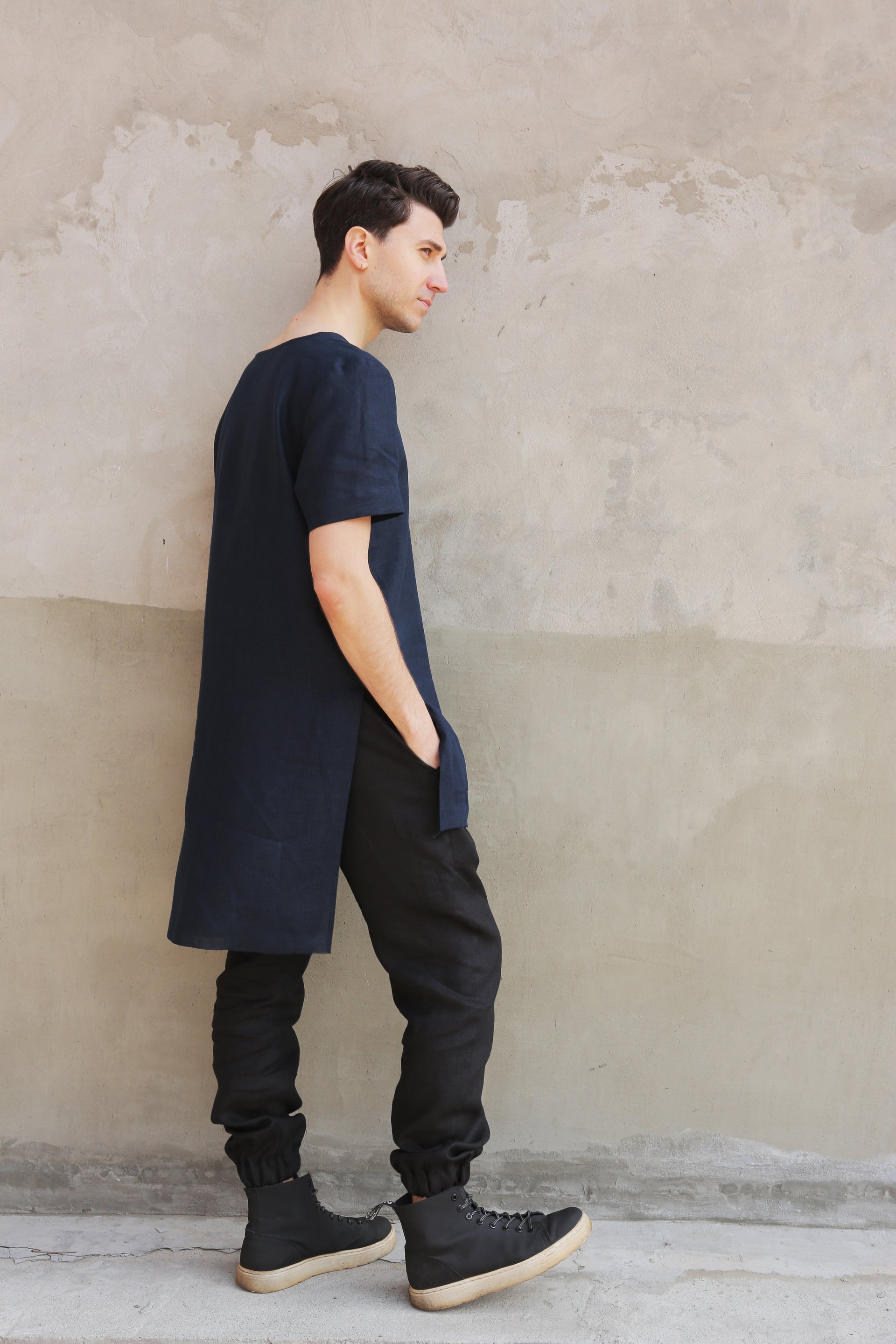 Men’s Long Linen T-Shirt LINDEN in Dark blue