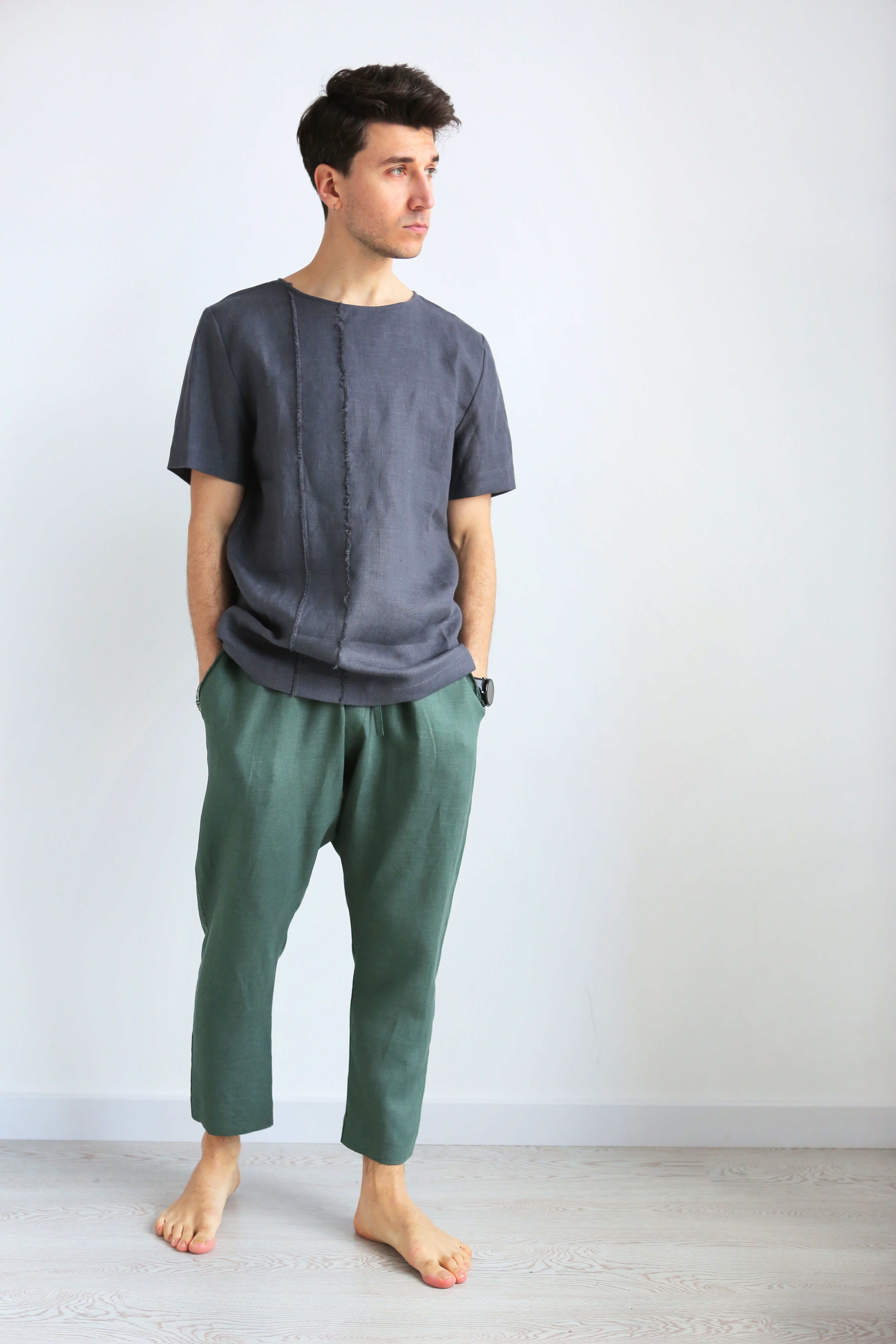 Men’s baggy linen pants HAWTHORN in Green