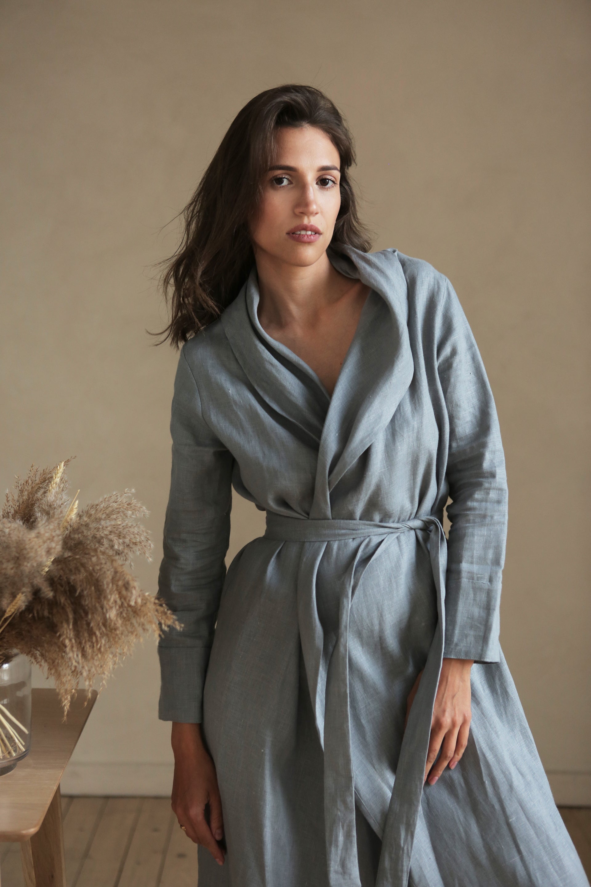 Women’s Linen Bathrobe Calla in Light grey