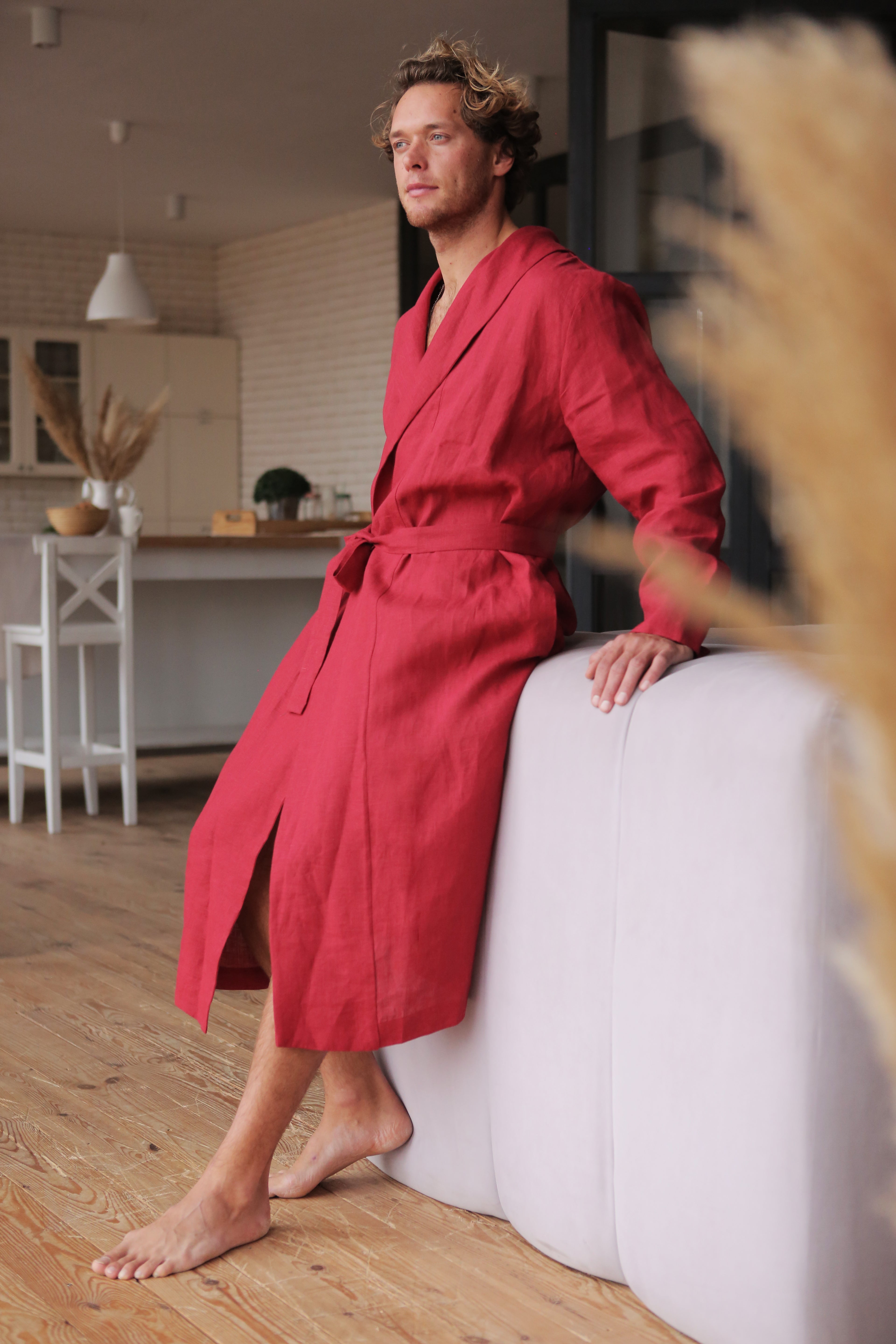 Men’s linen bathrobe JUNIPER LONG in Red
