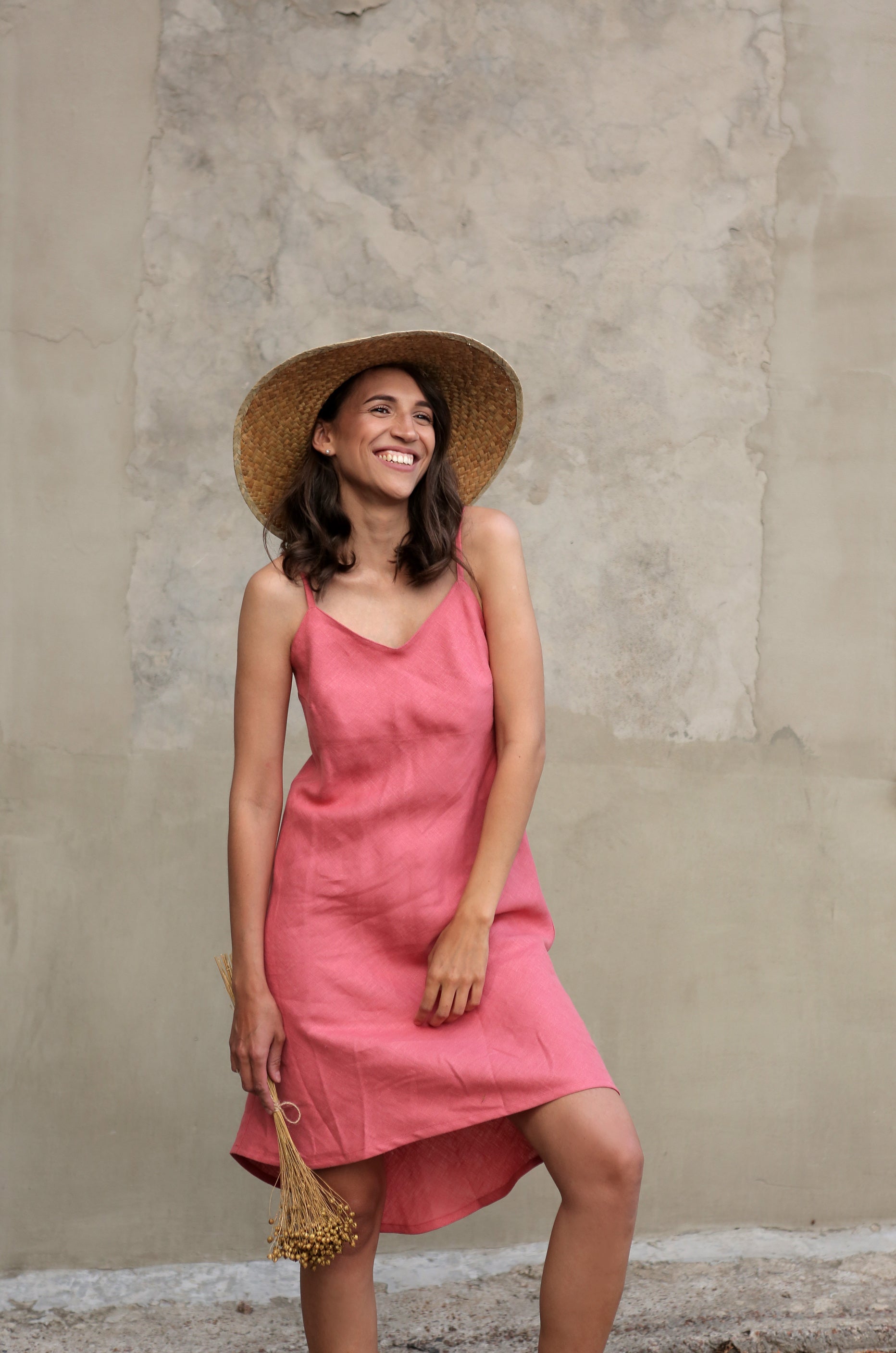 Womens Linen Dress NERINE in Peach, M