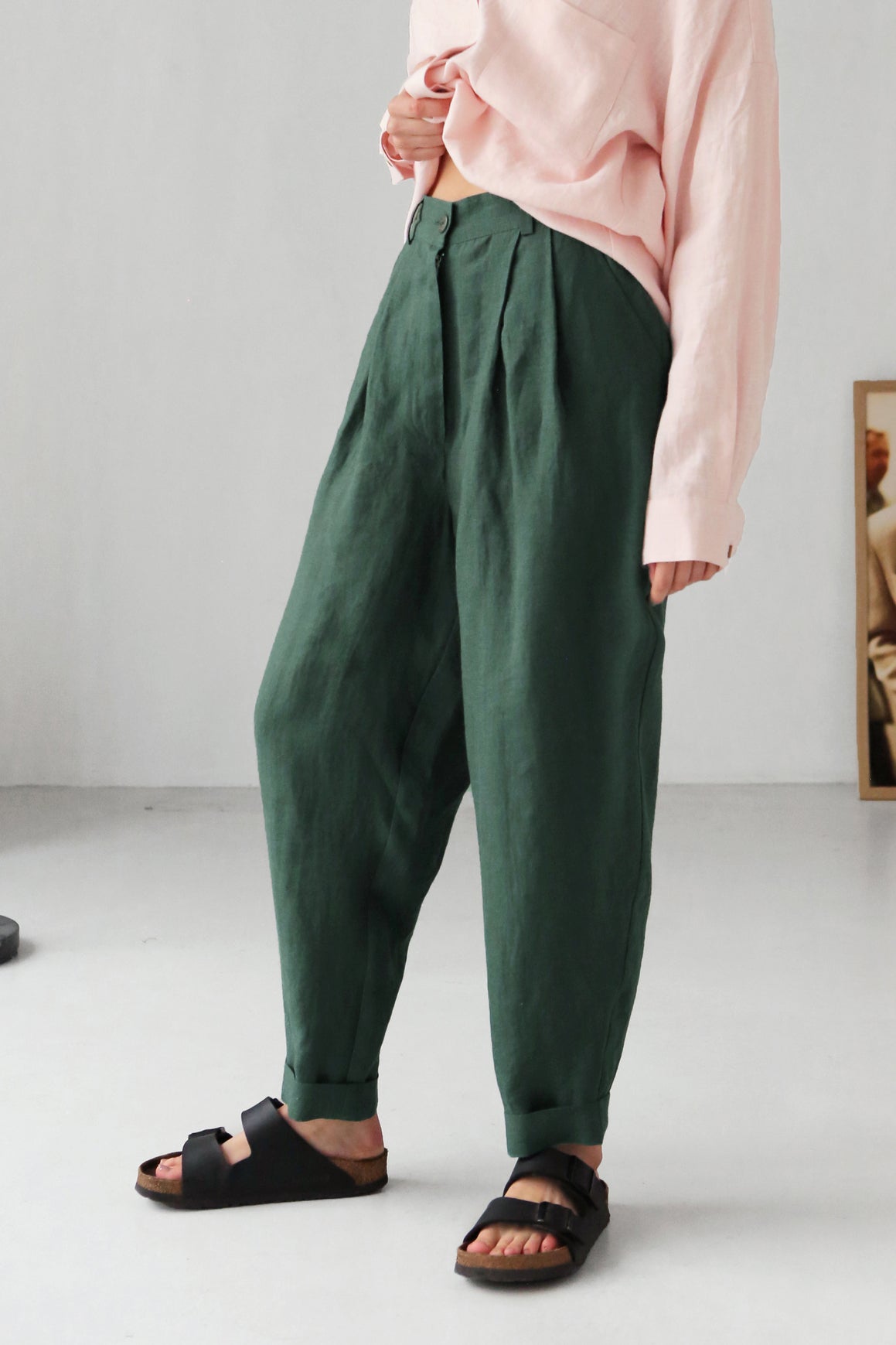 Women’s Linen Pants with Pleats CEDAR in Green