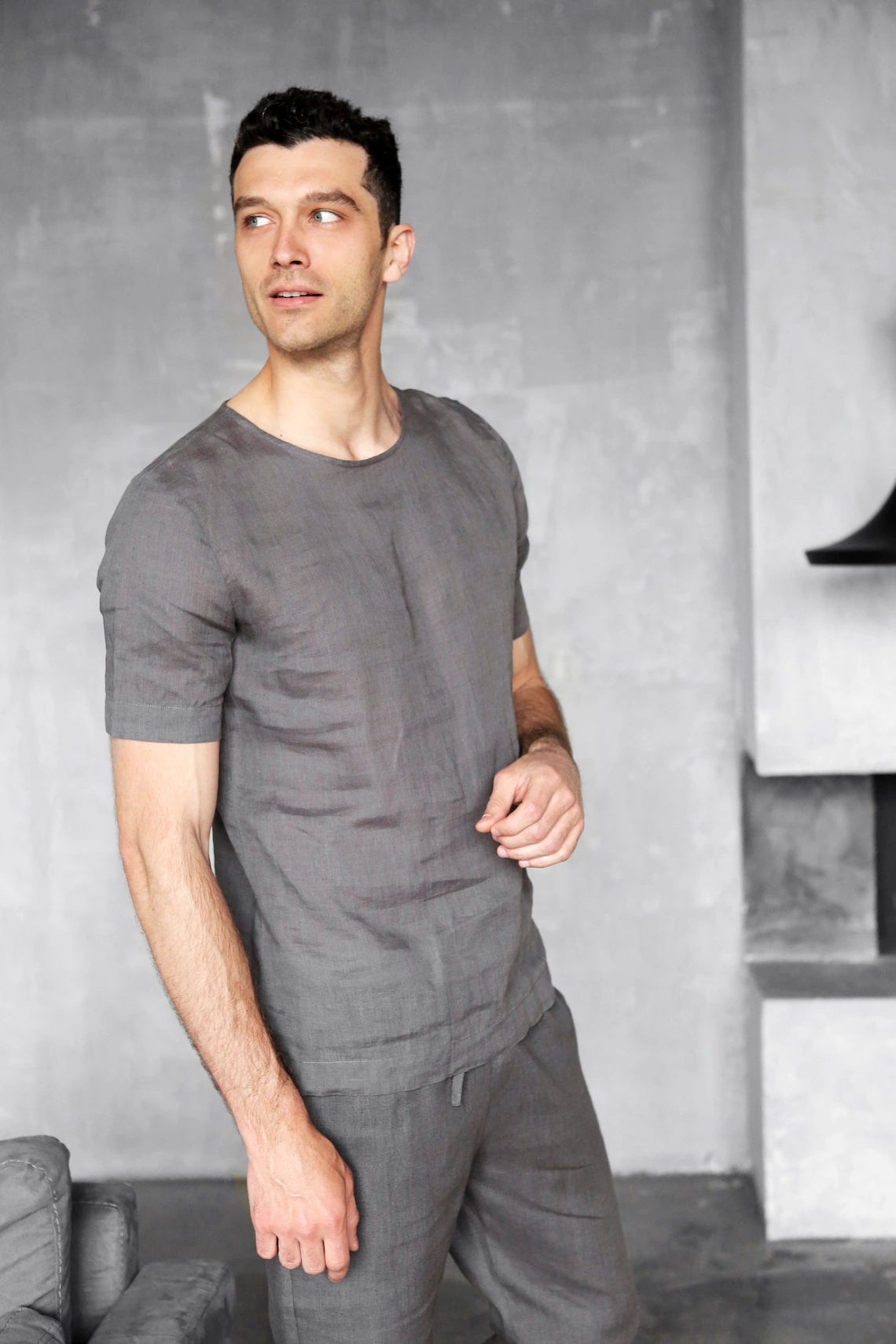 Men's Linen T-Shirt LINDEN in Dark grey