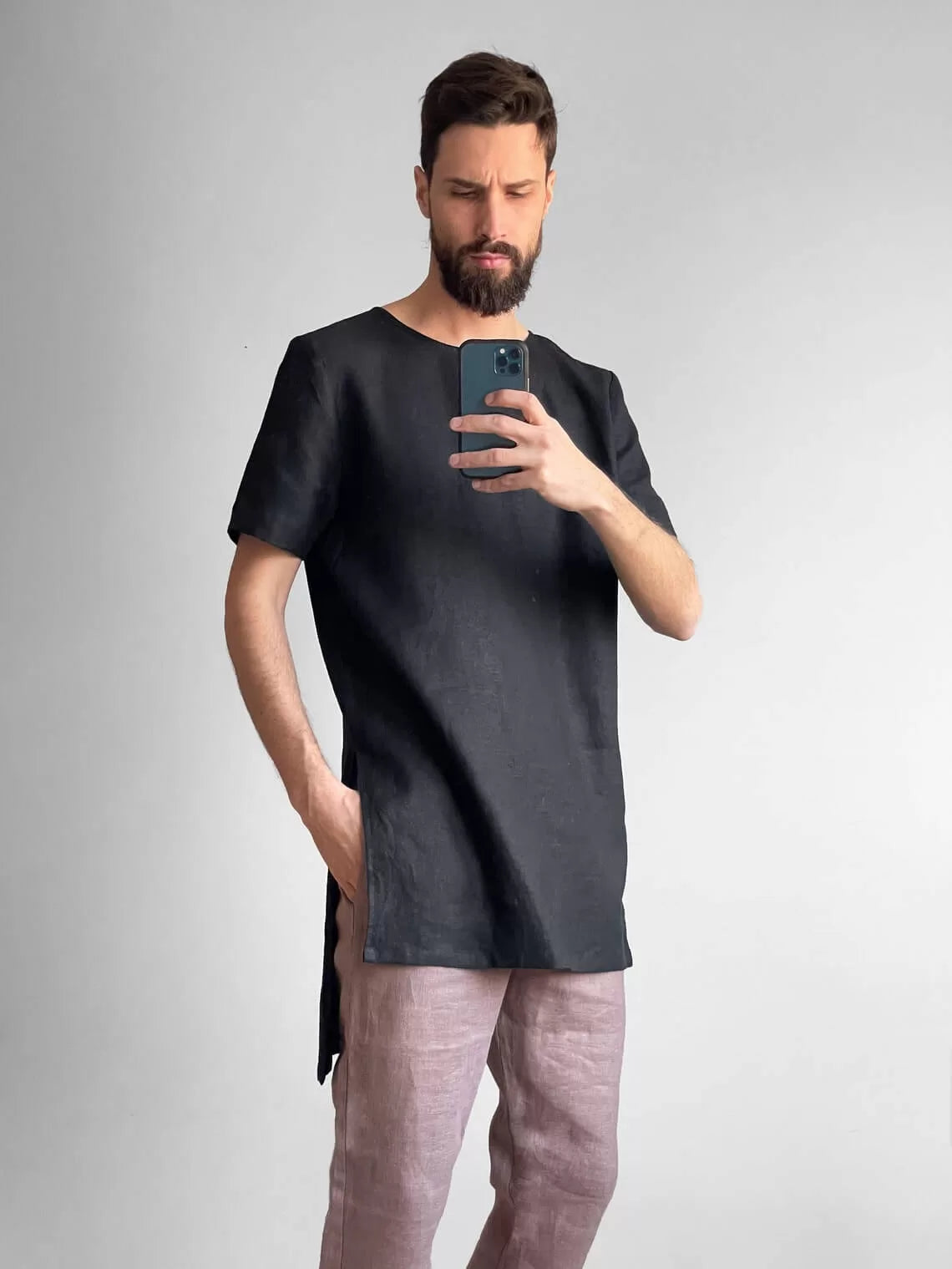 Men’s Long Linen T-Shirt LINDEN in Black