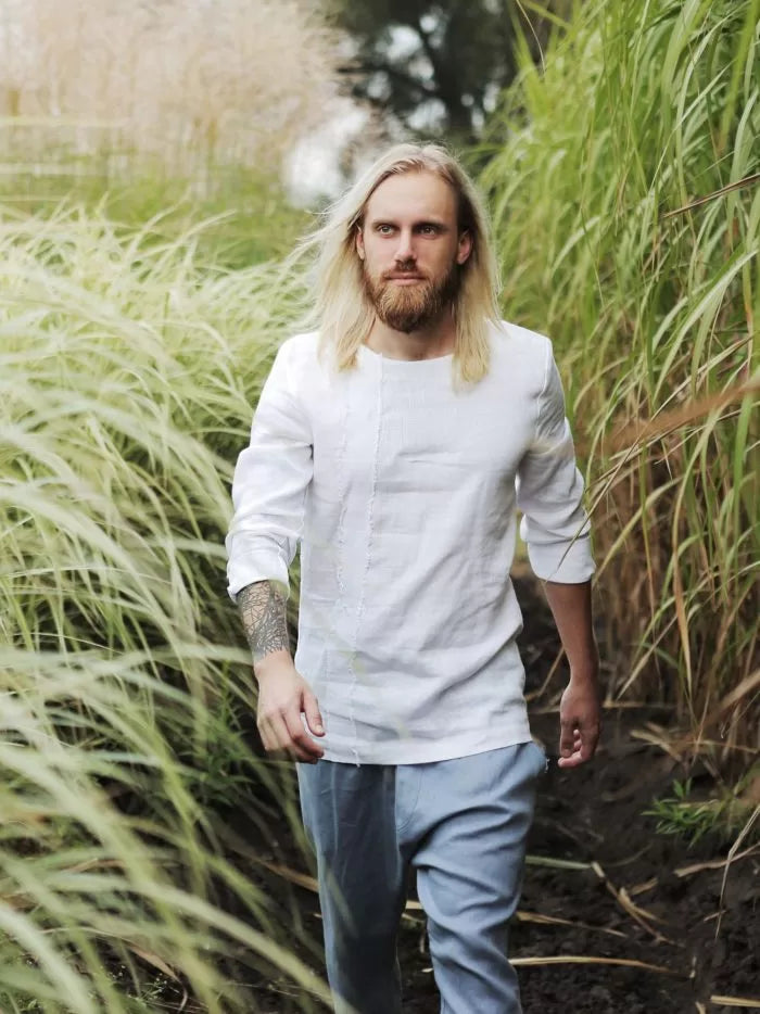 Men’s Linen T-Shirt with fringe line BIRCH in White