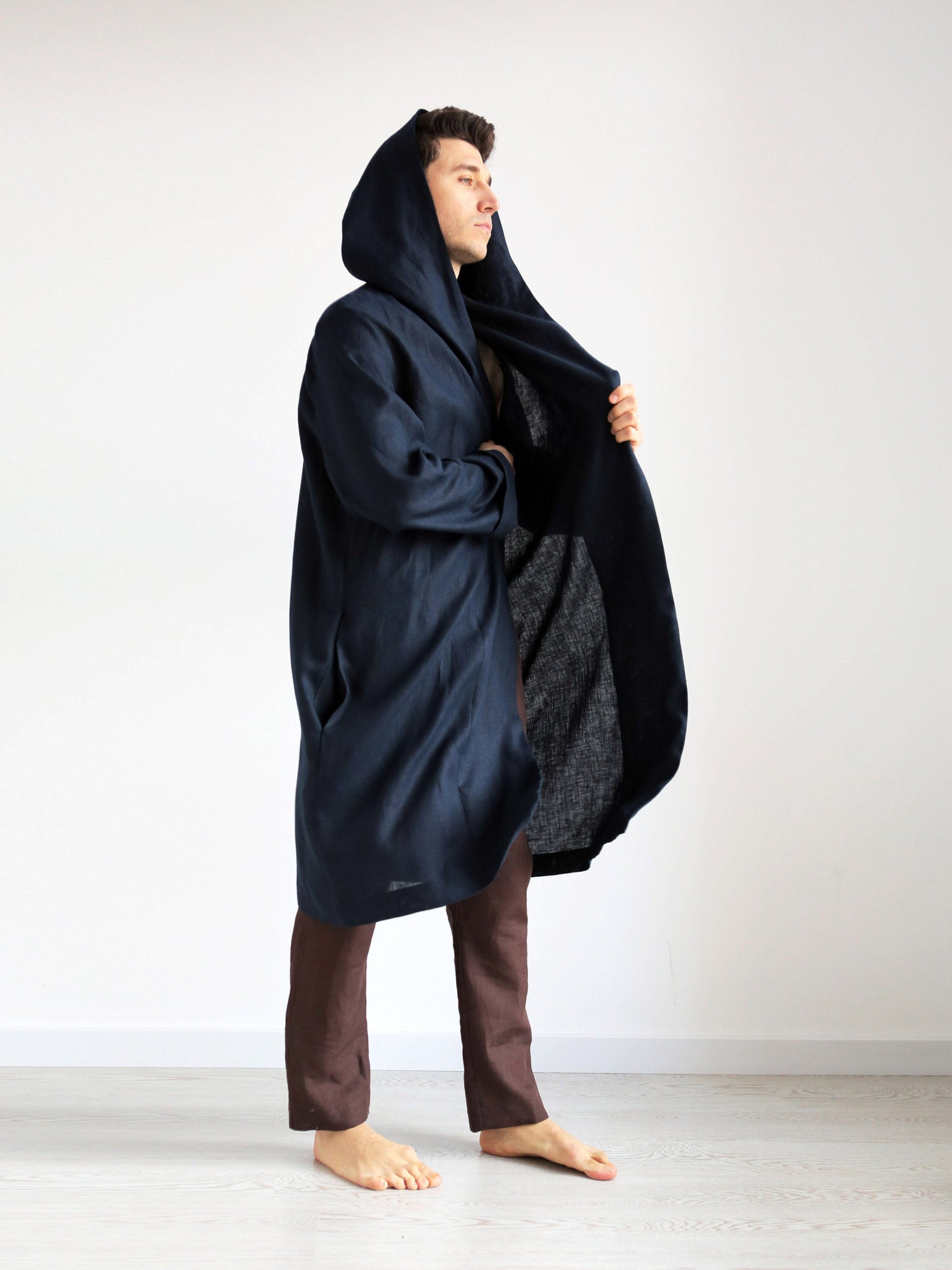 Men’s linen robe with a hood EVERGREEN in Dark blue