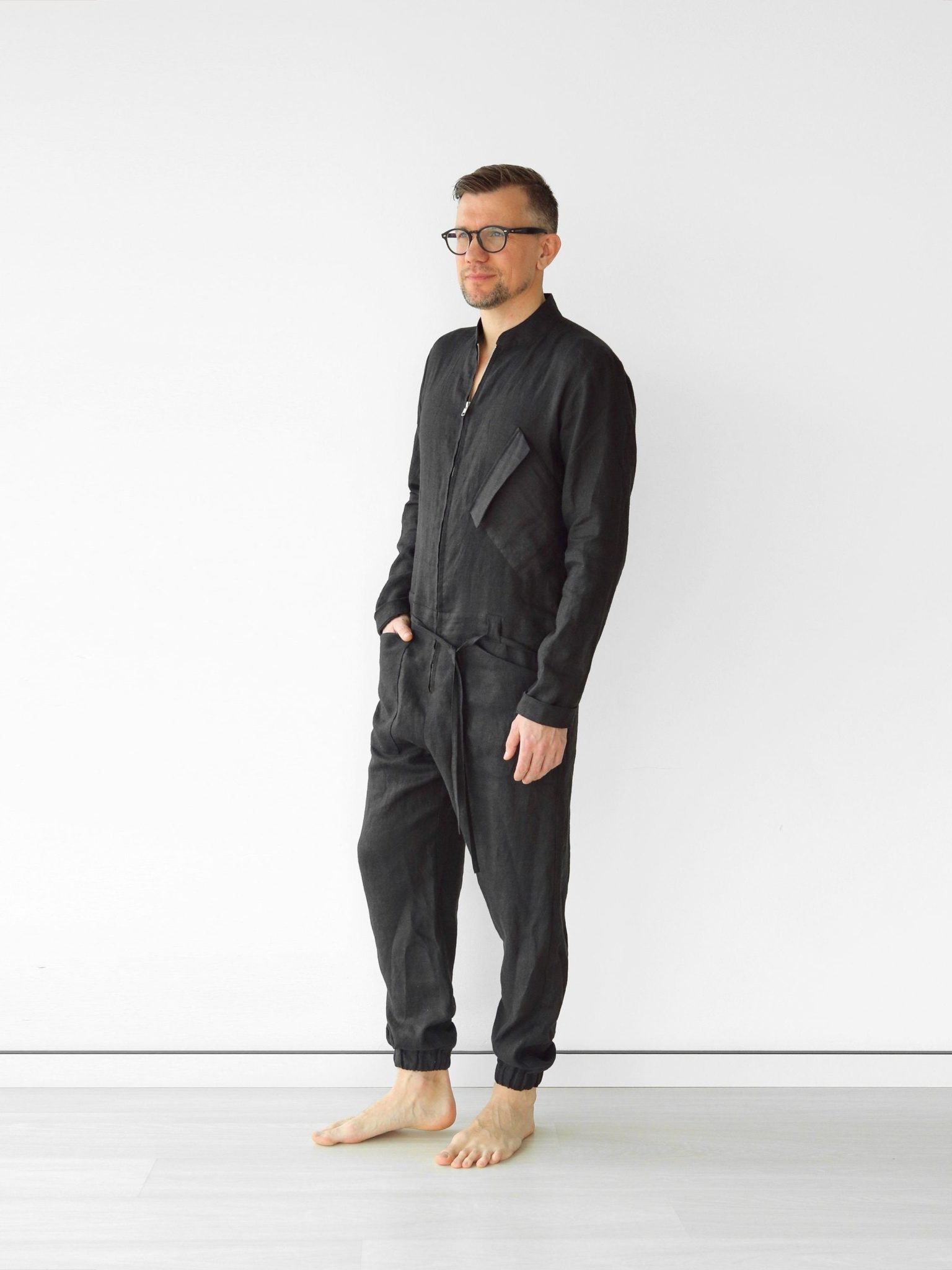 Mens Linen Jumpsuit PALO SANTO in Black XS