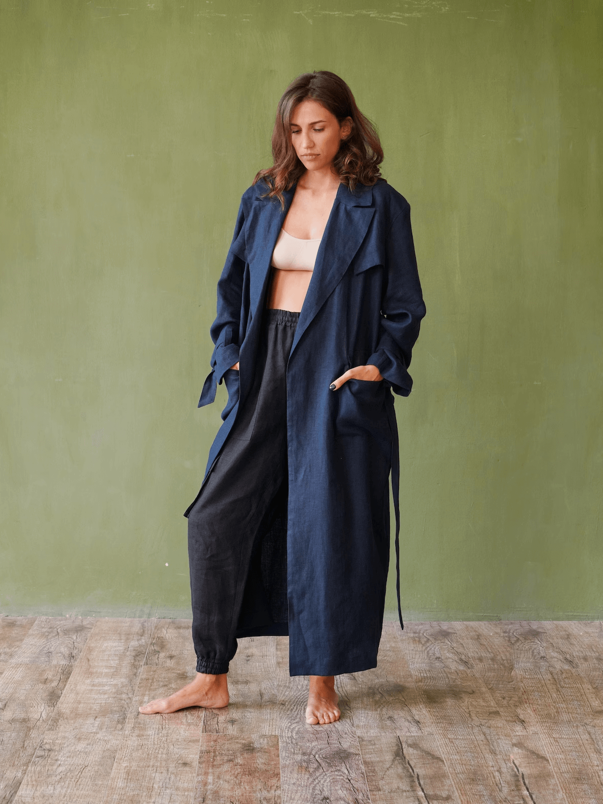 Women’s long linen trench Dark blue