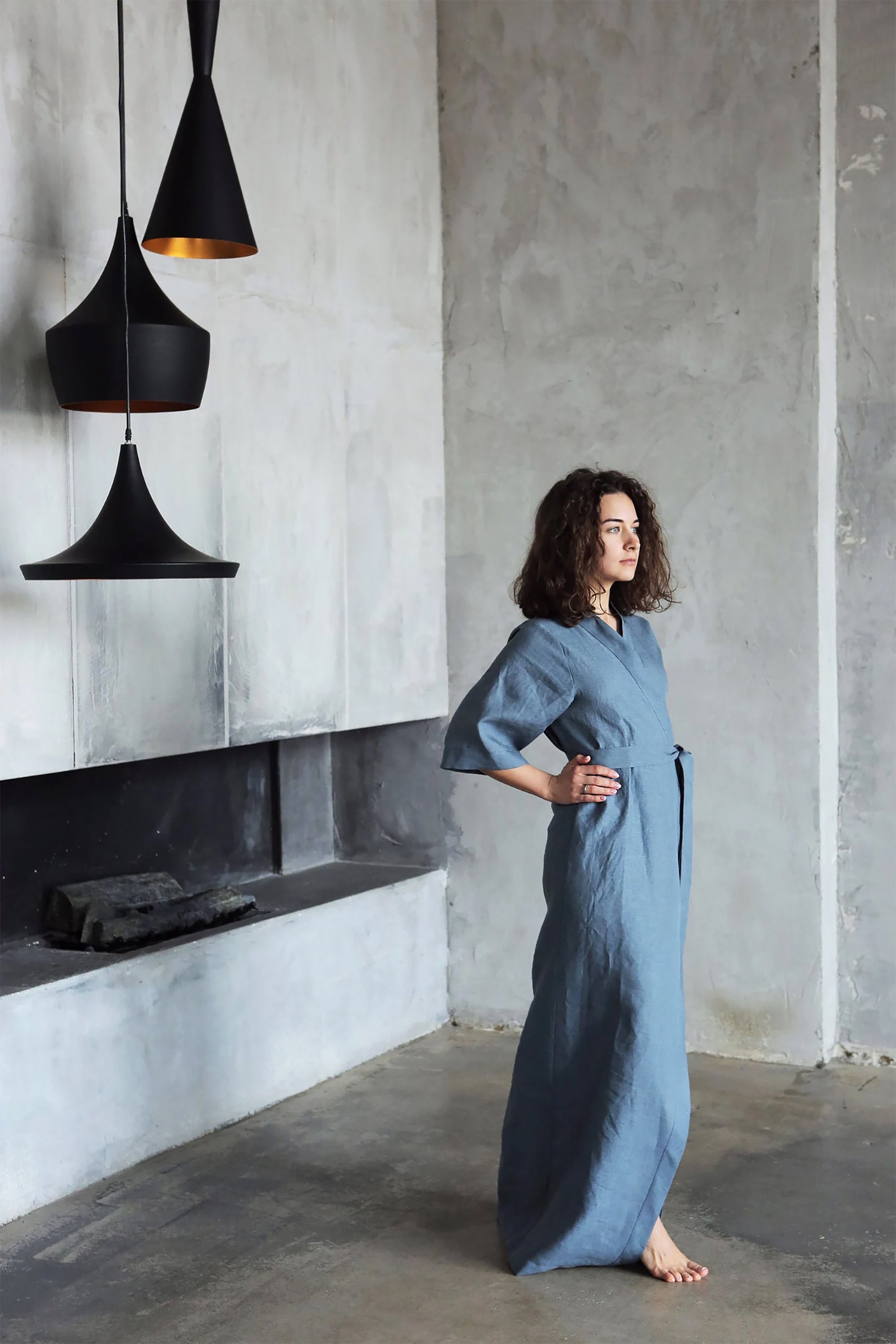 Women’s Long Linen Kimono UME in Blue grey