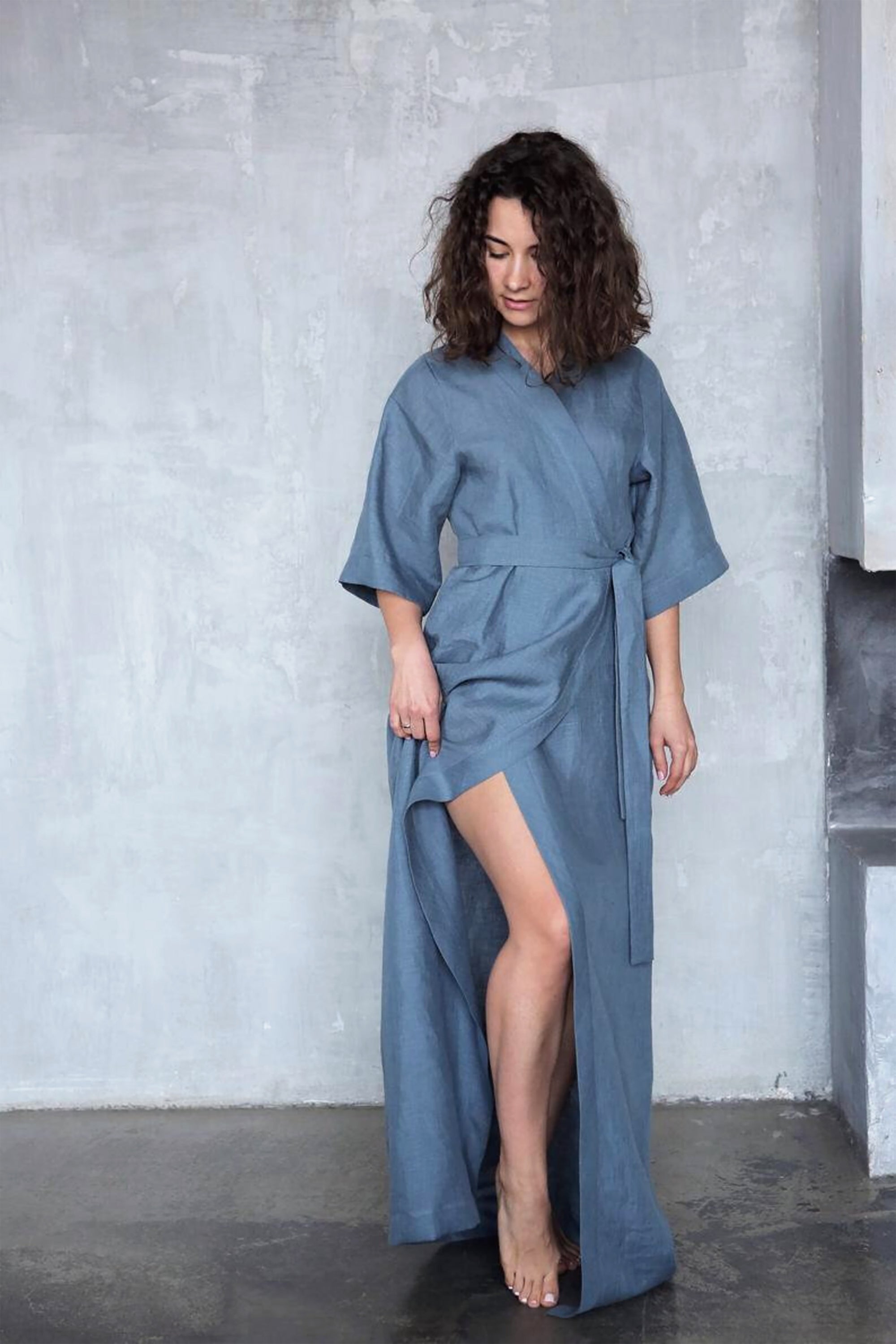 Women’s Long Linen Kimono UME in Blue grey