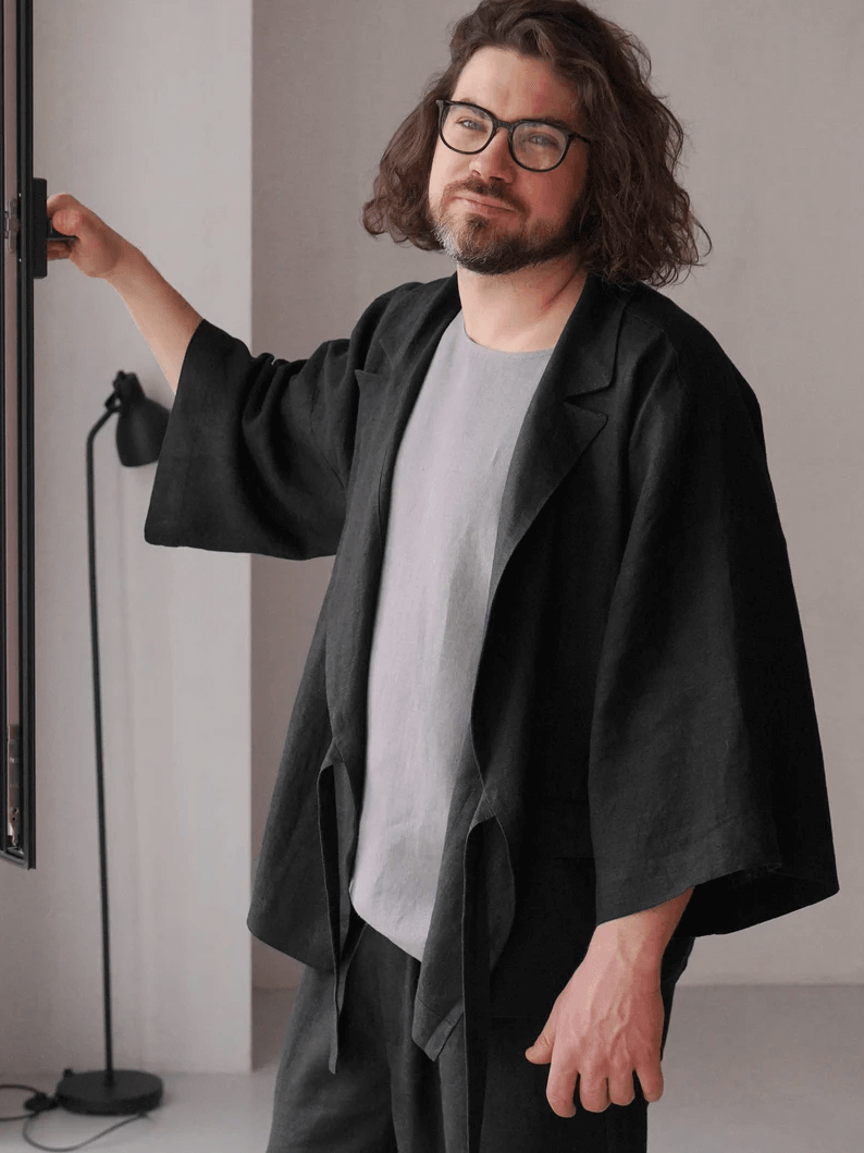 Mens Linen Kimono Jacket SAKURA in Black
