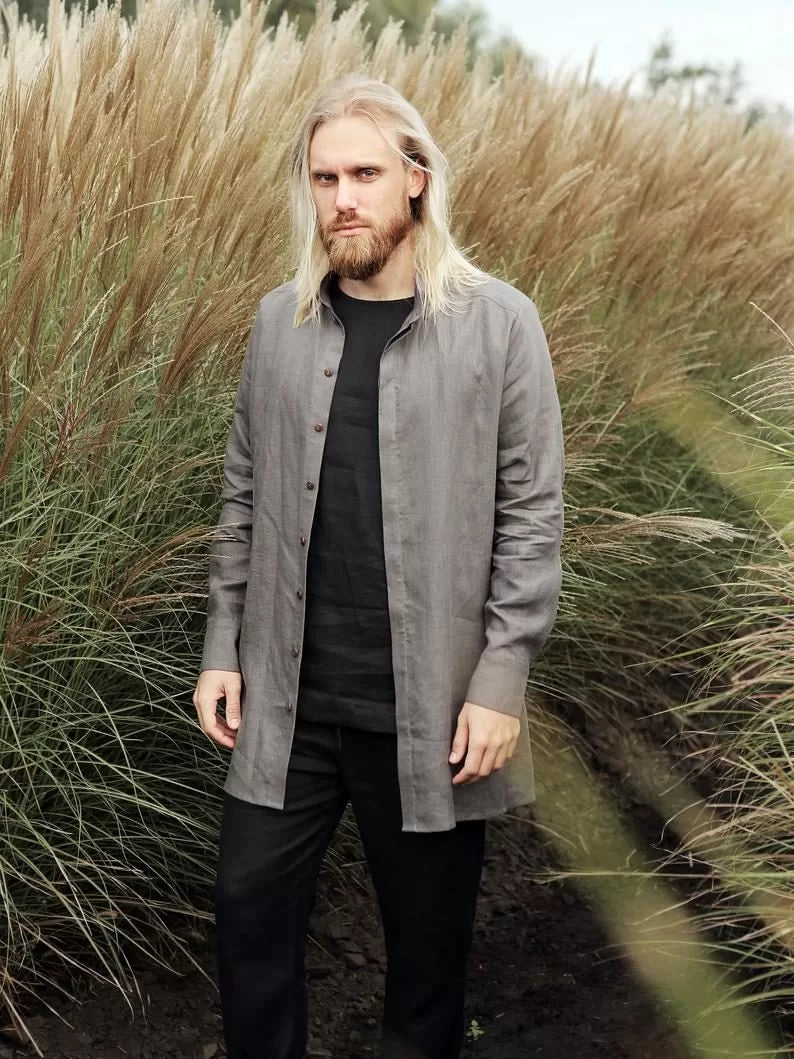 Men’s Long Linen Shirt OLIVE in Dark grey