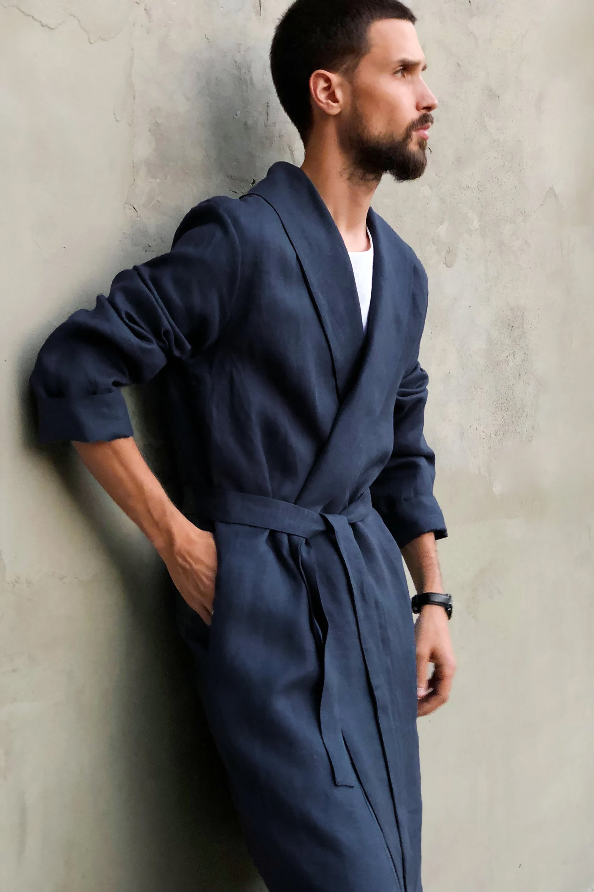 Men’s linen robe JUNIPER in Dark blue