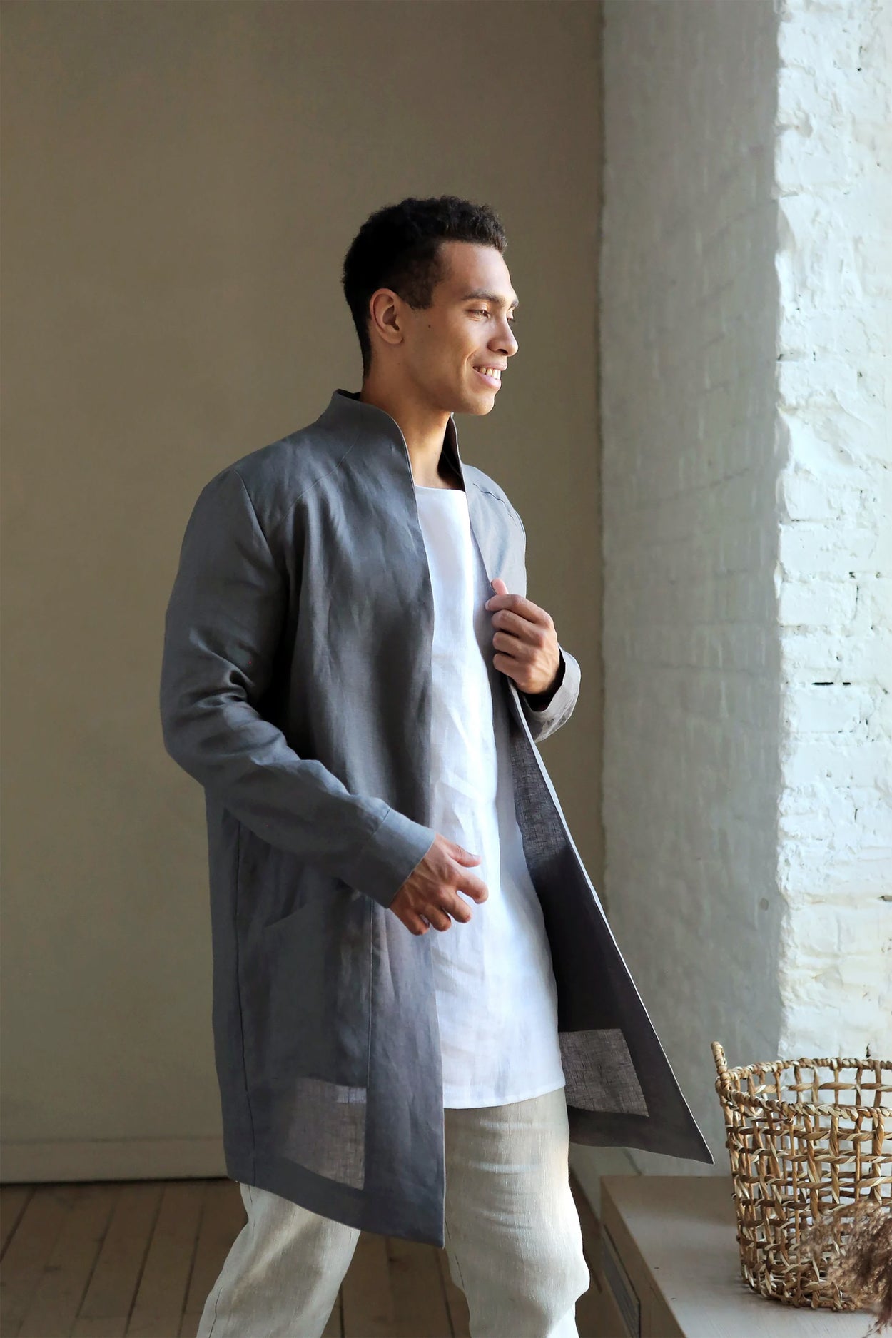 Men’s Linen Trench ALMOND in Dark grey