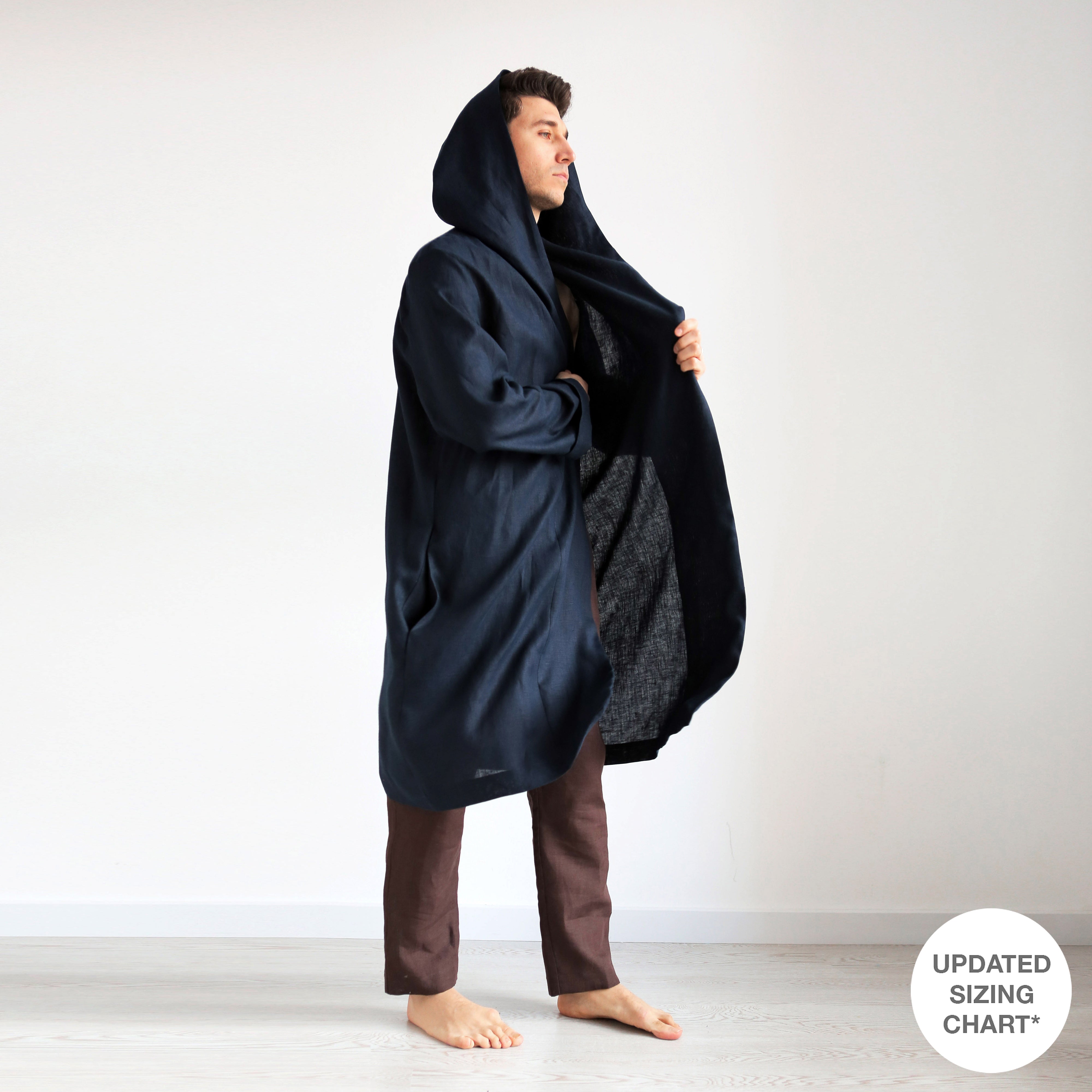 Men’s linen robe with a hood EVERGREEN in Dark blue