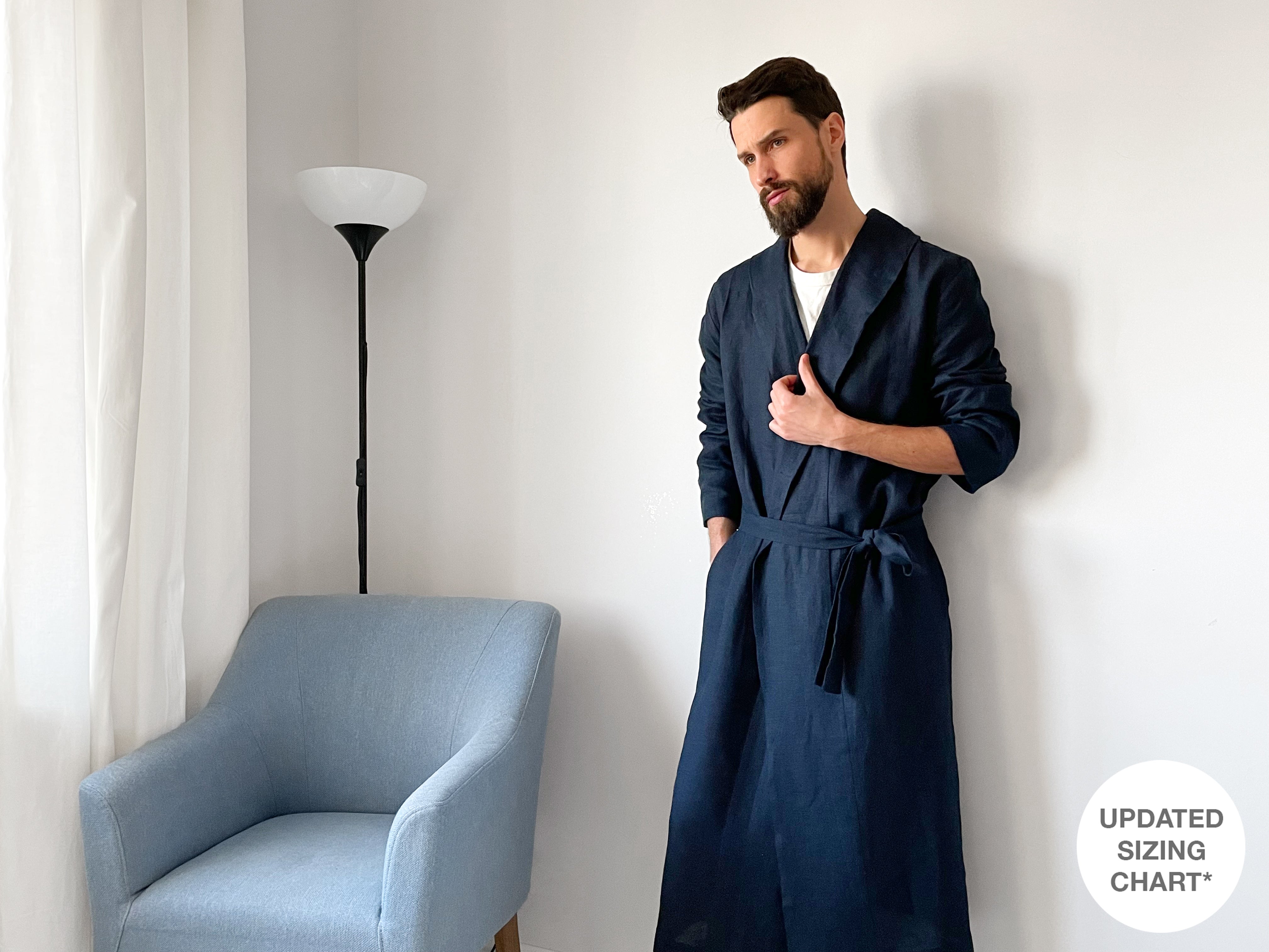 Men’s linen robe JUNIPER LONG in Dark blue