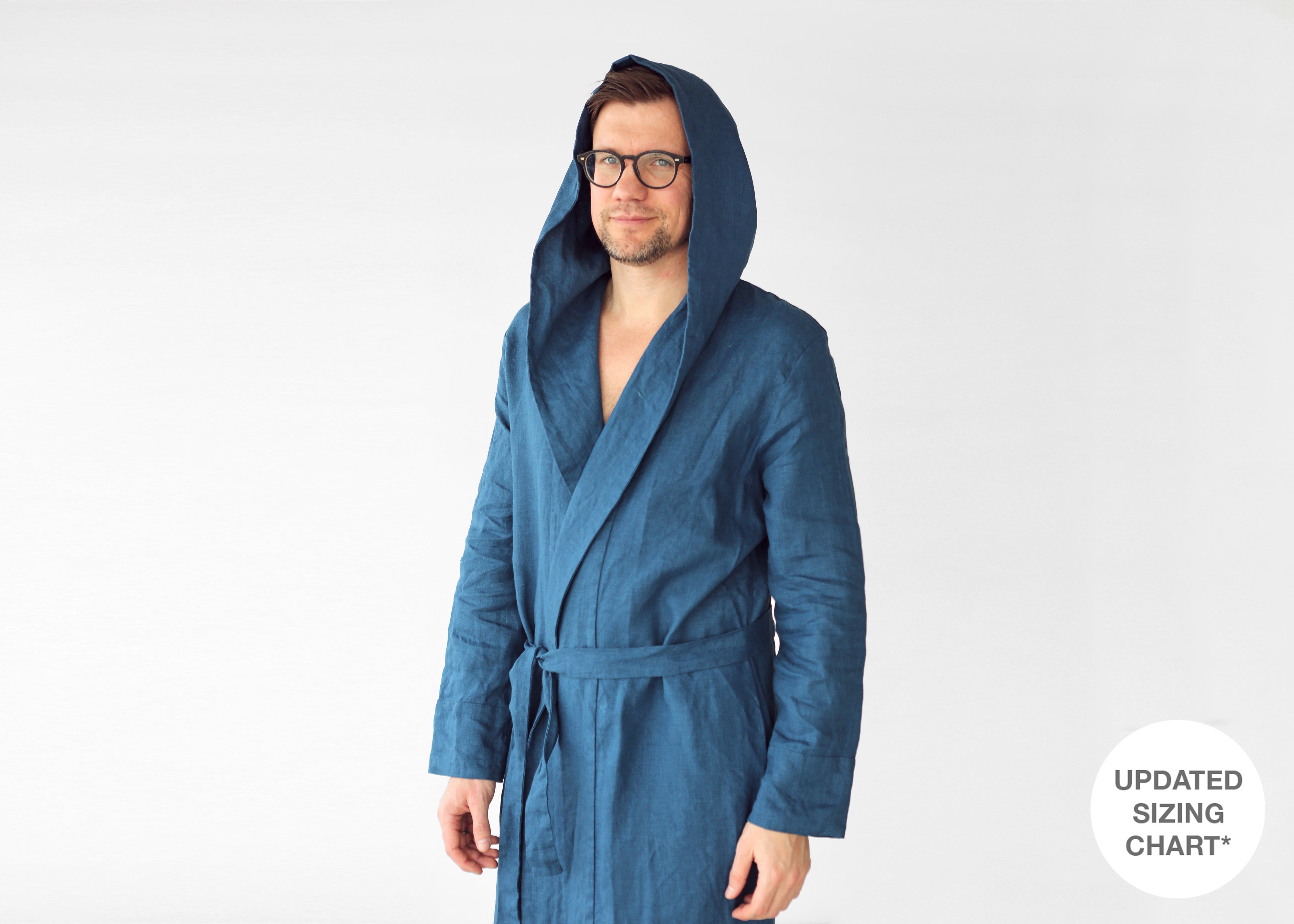 Men’s linen robe with a hood EVERGREEN LONG in Navy blue