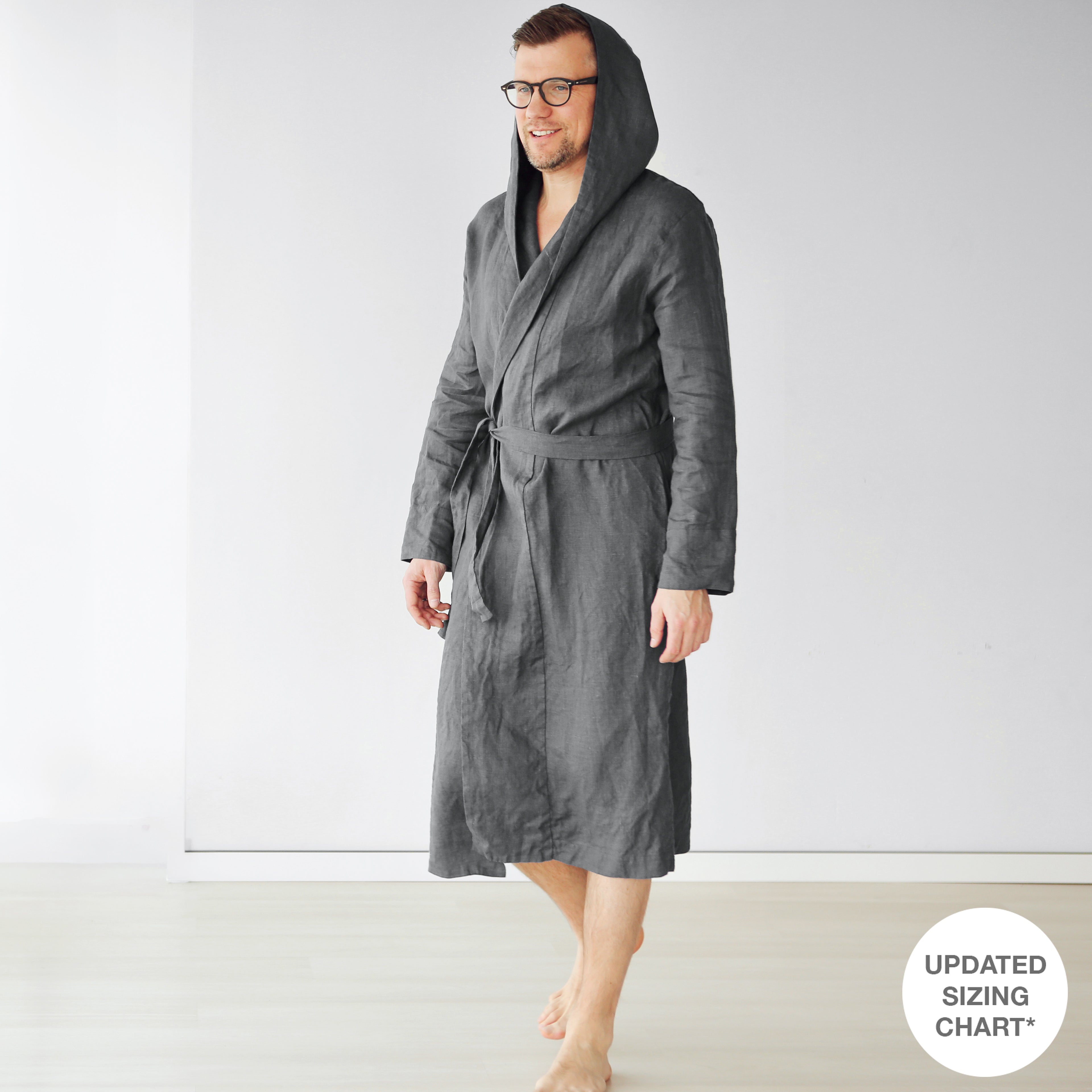 Men’s linen robe with a hood EVERGREEN LONG in Dark grey