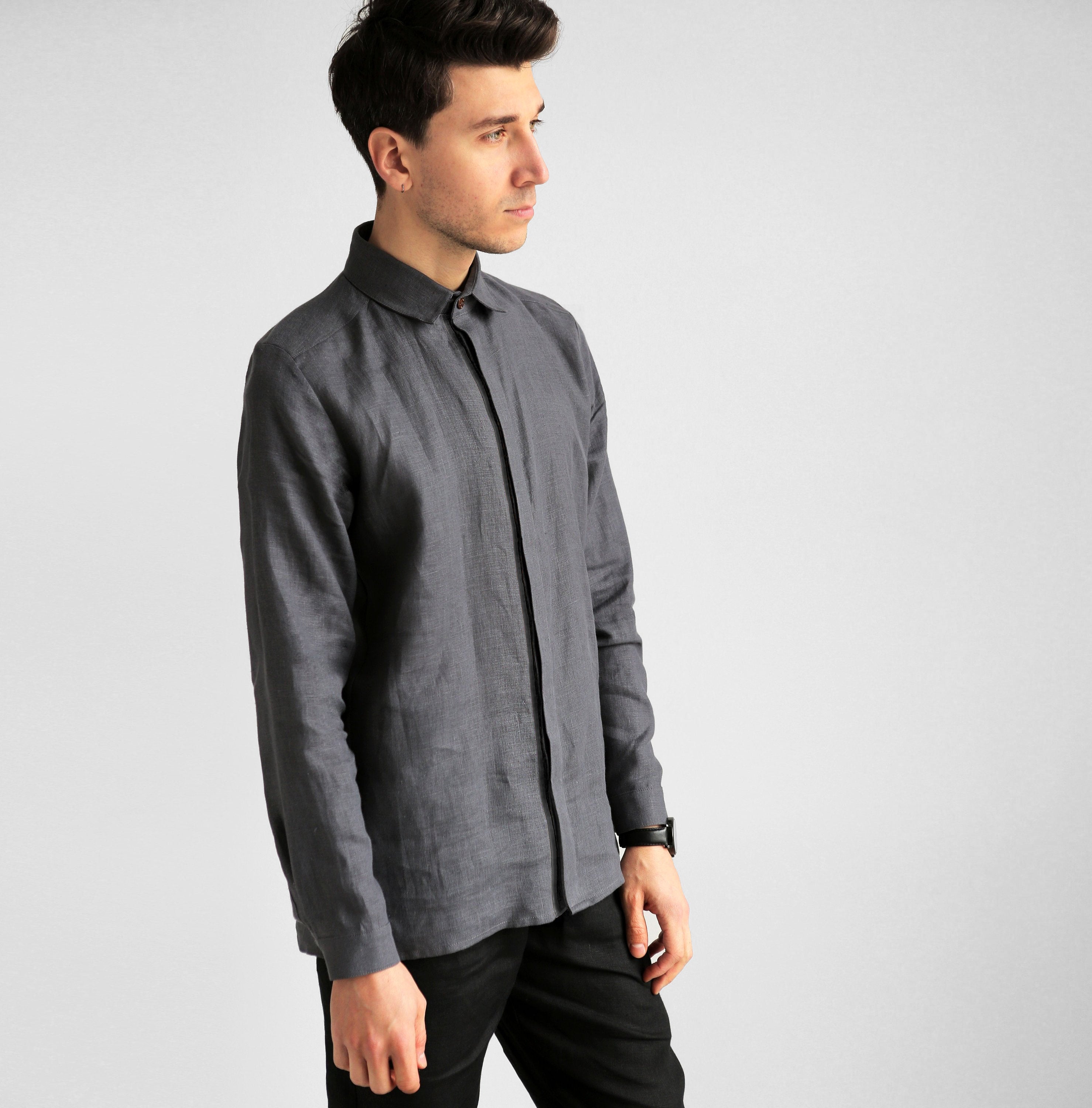Men’s Classic Collar Linen Shirt GARNET in Dark grey
