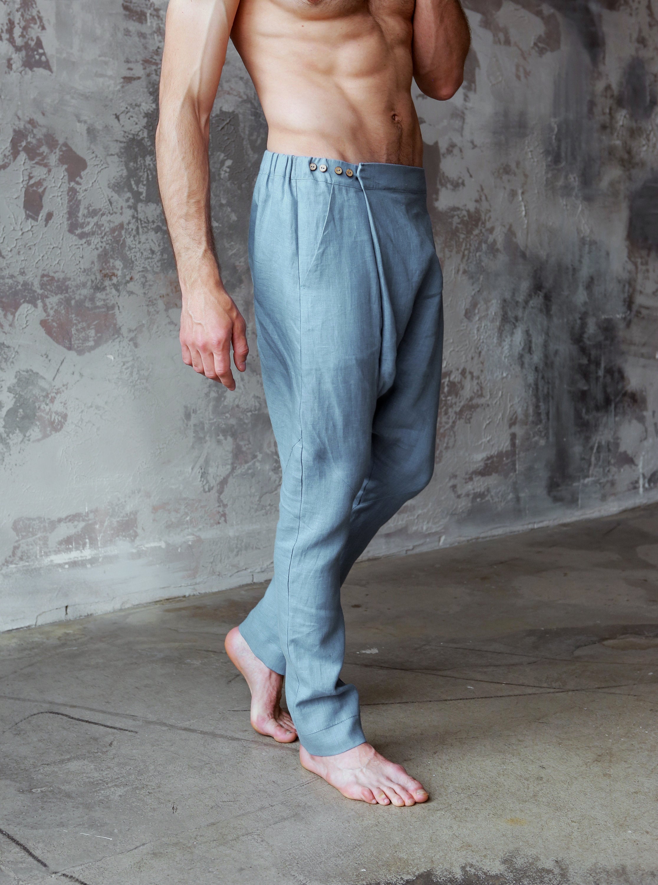 Men’s baggy linen pants Blue grey