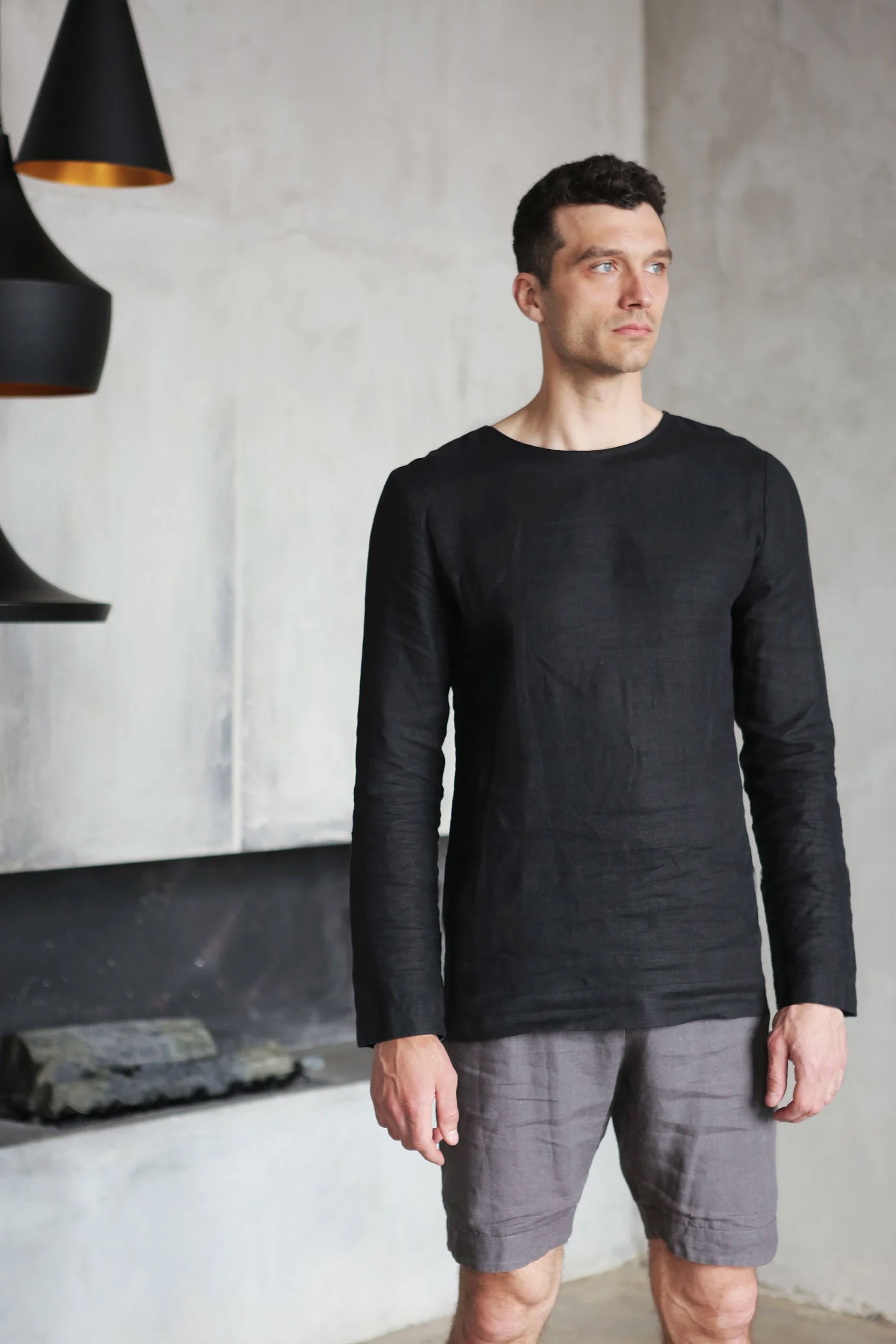 Long Sleeve Linen T-Shirt BIRCH in Black