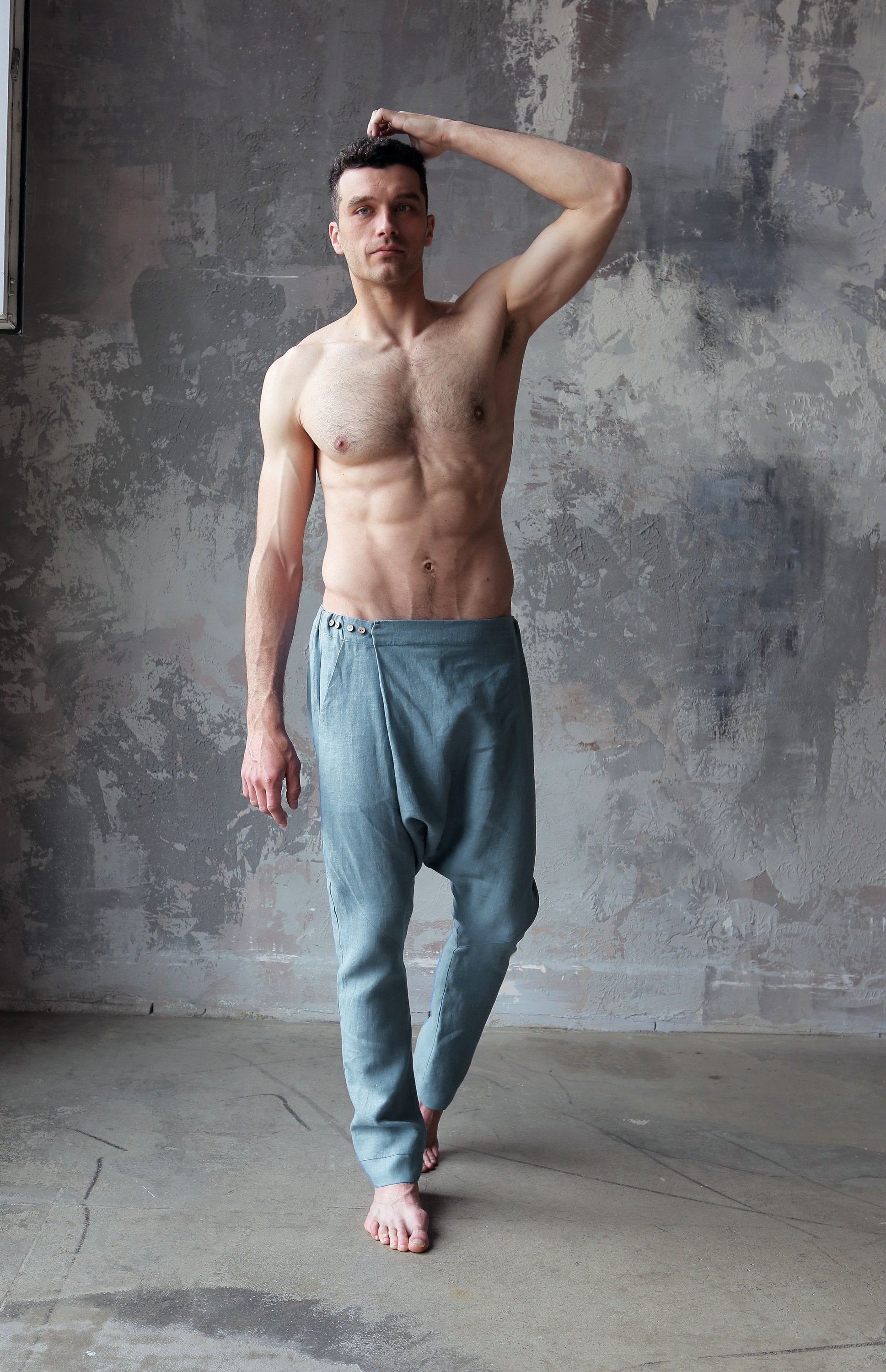 Men’s baggy linen pants Blue grey