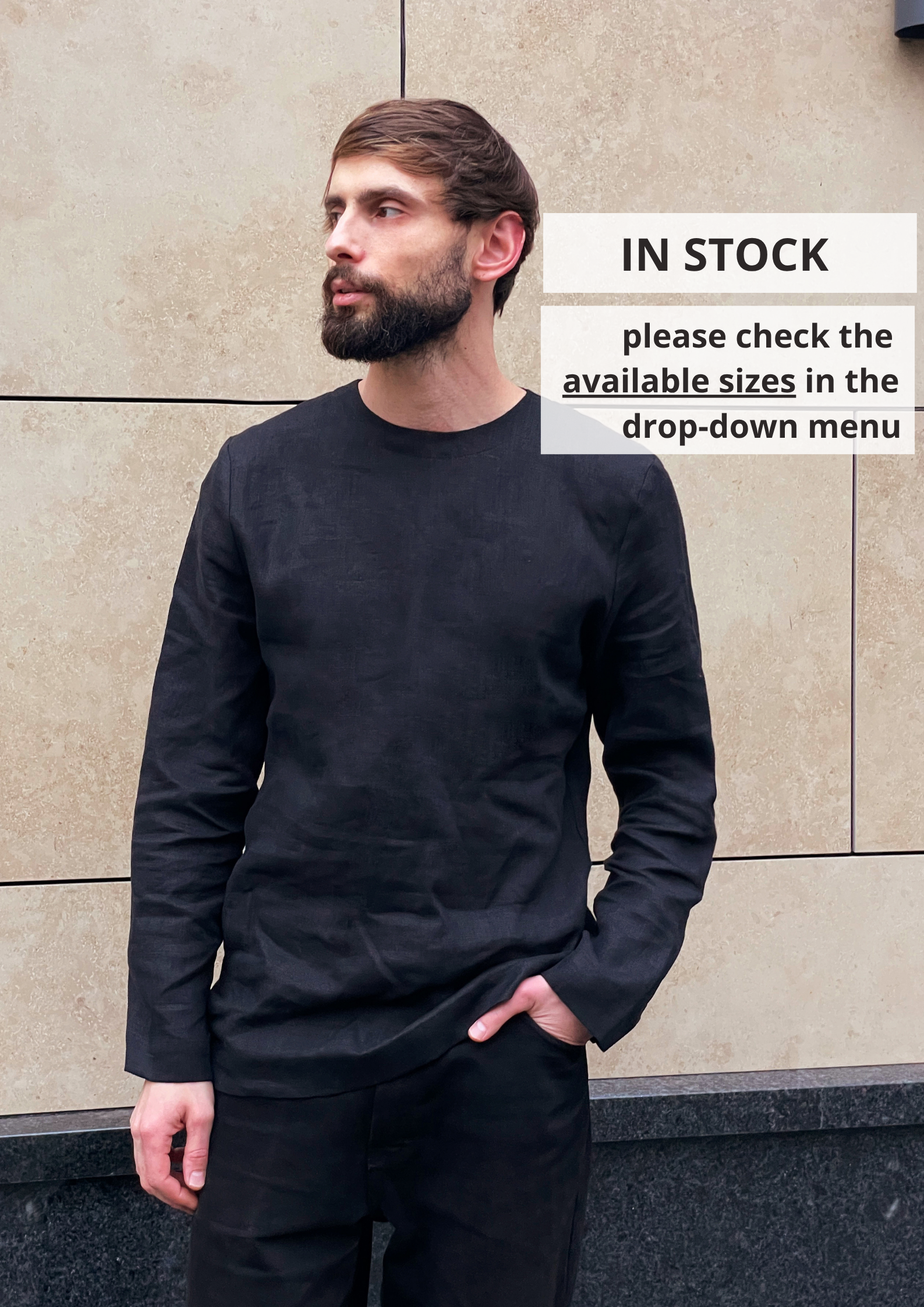 Long Sleeve Linen T-Shirt – Narrow Neck EBONY - IN STOCK