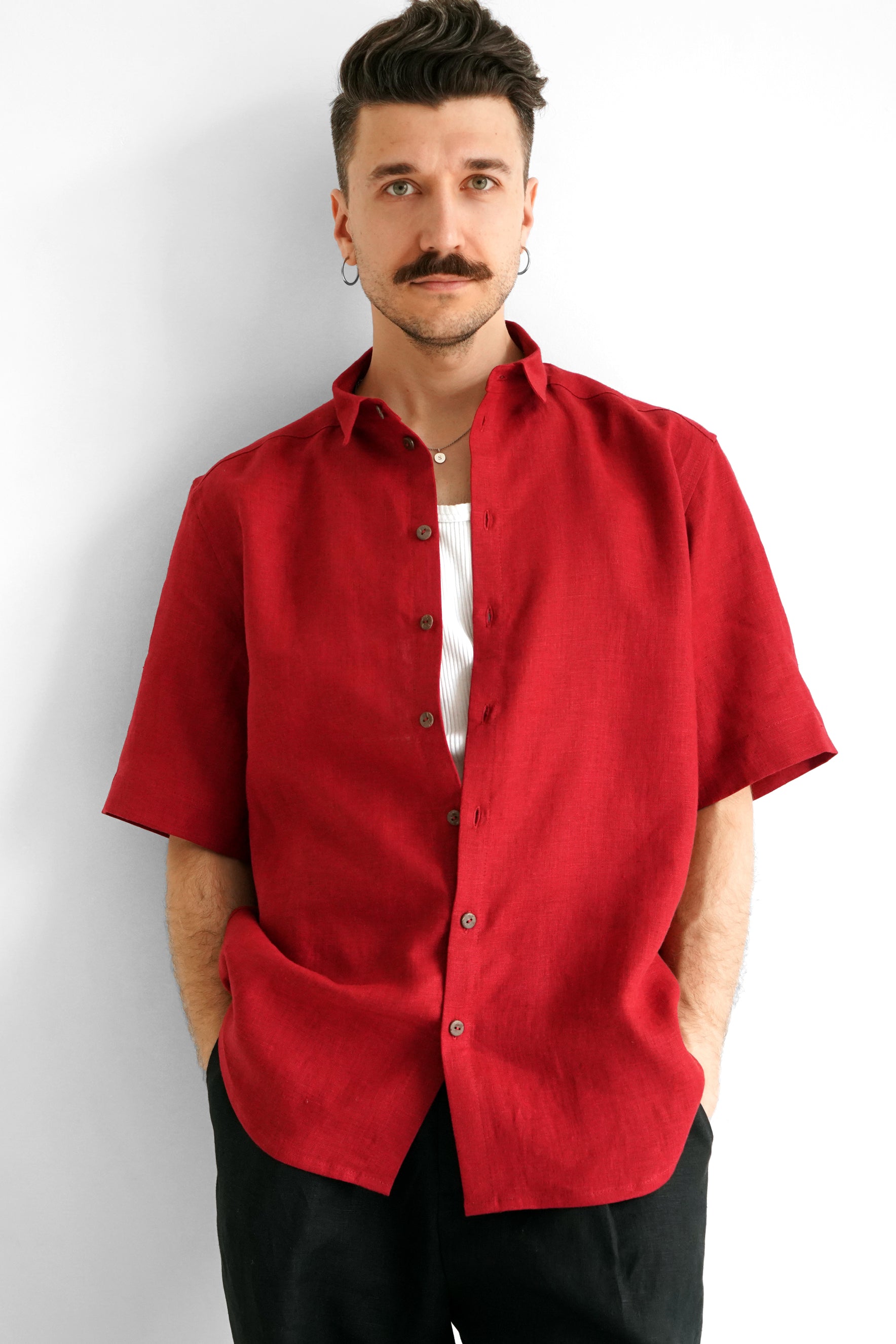 Men’s short sleeve linen shirt GARNET in Red
