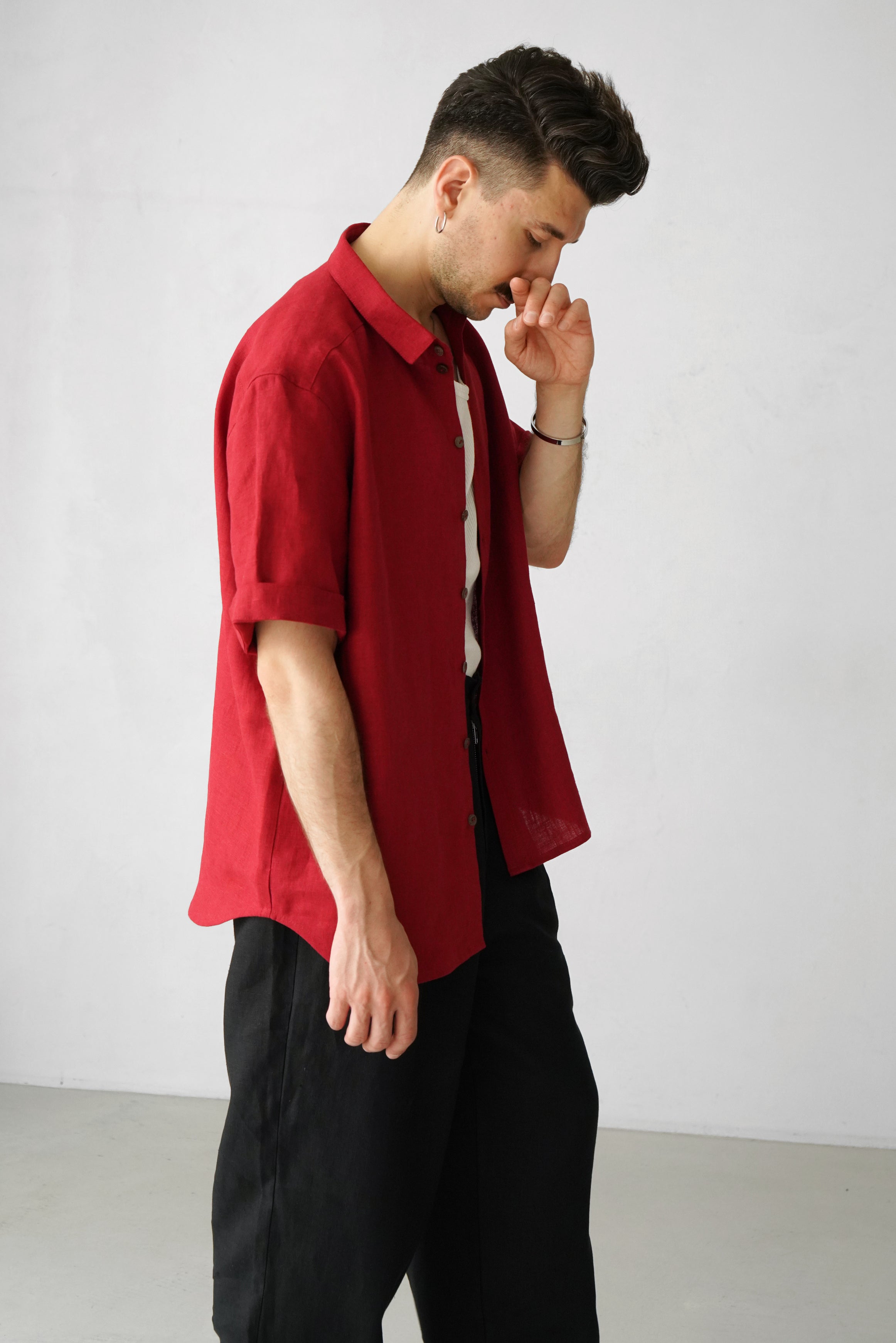 Men’s short sleeve linen shirt GARNET in Red