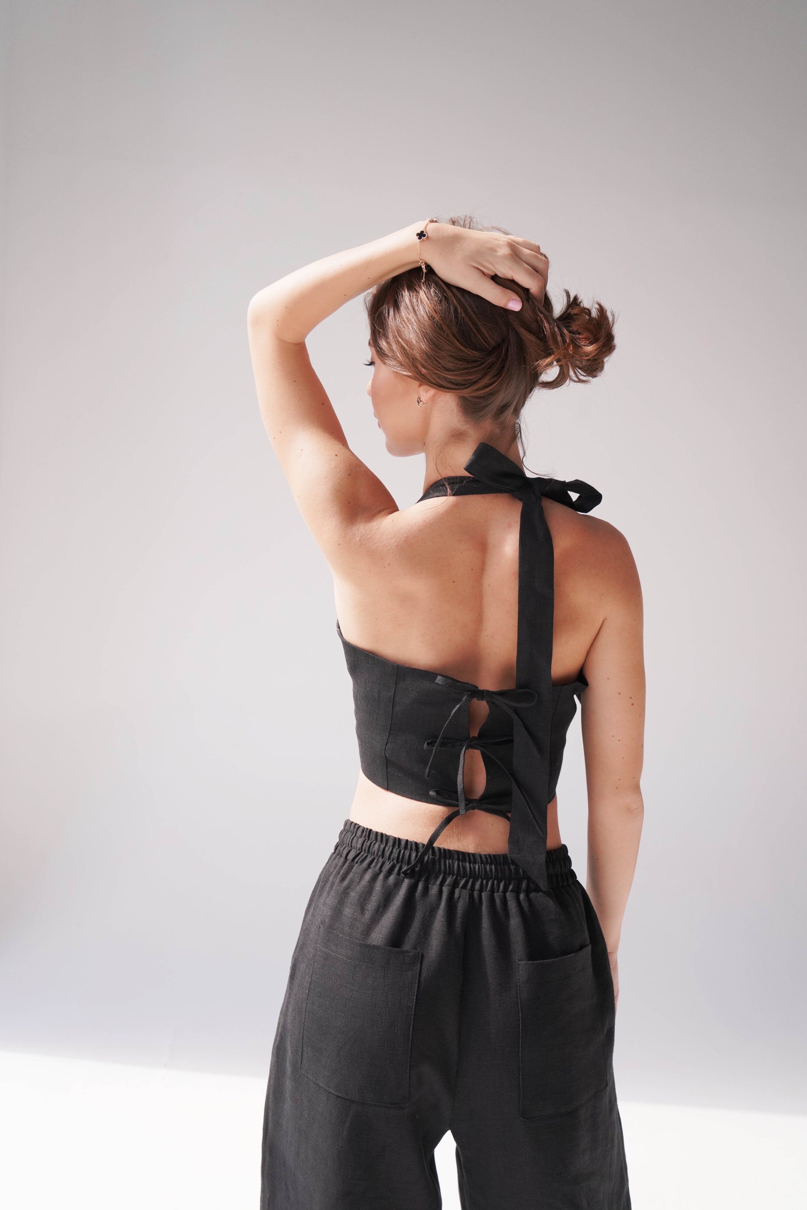 Linen Lace-Up Crop Top IVINA in Black