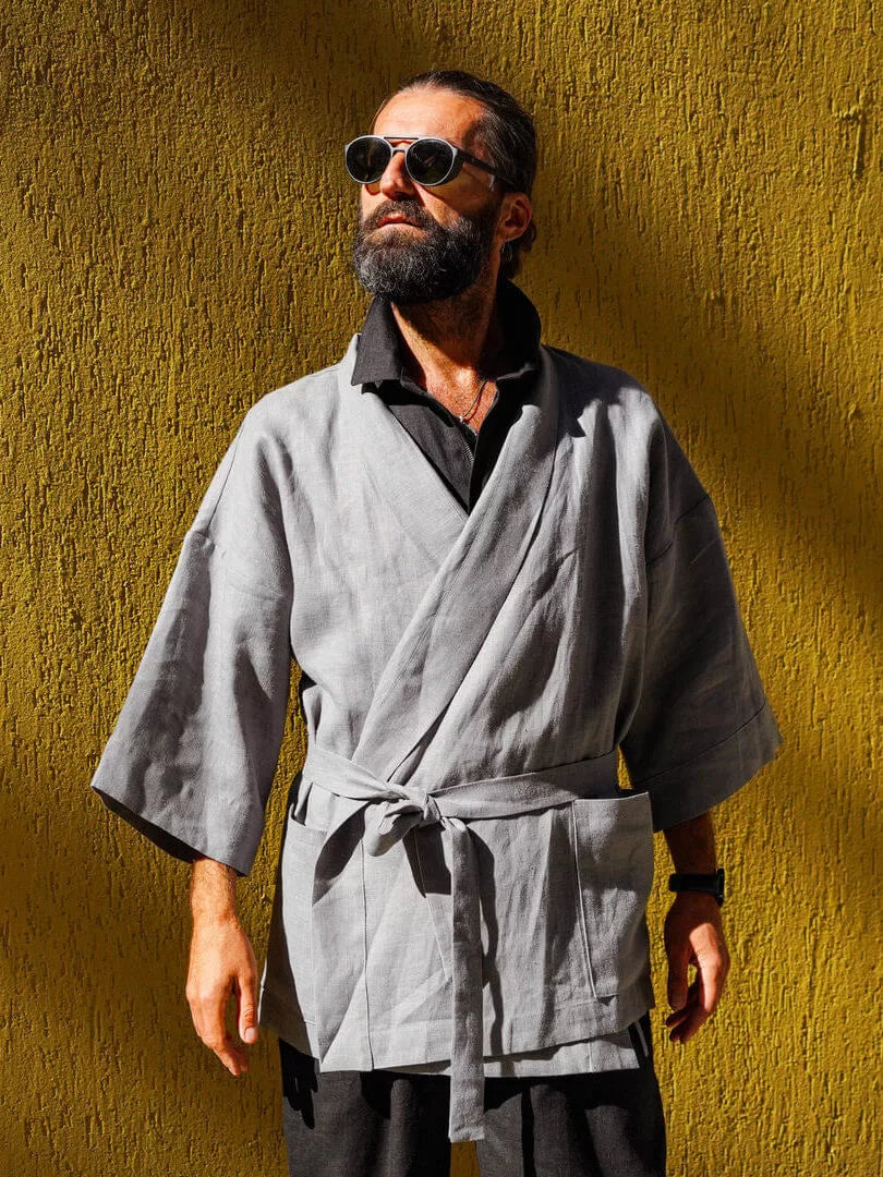 Men’s linen kimono SUGI in Light grey