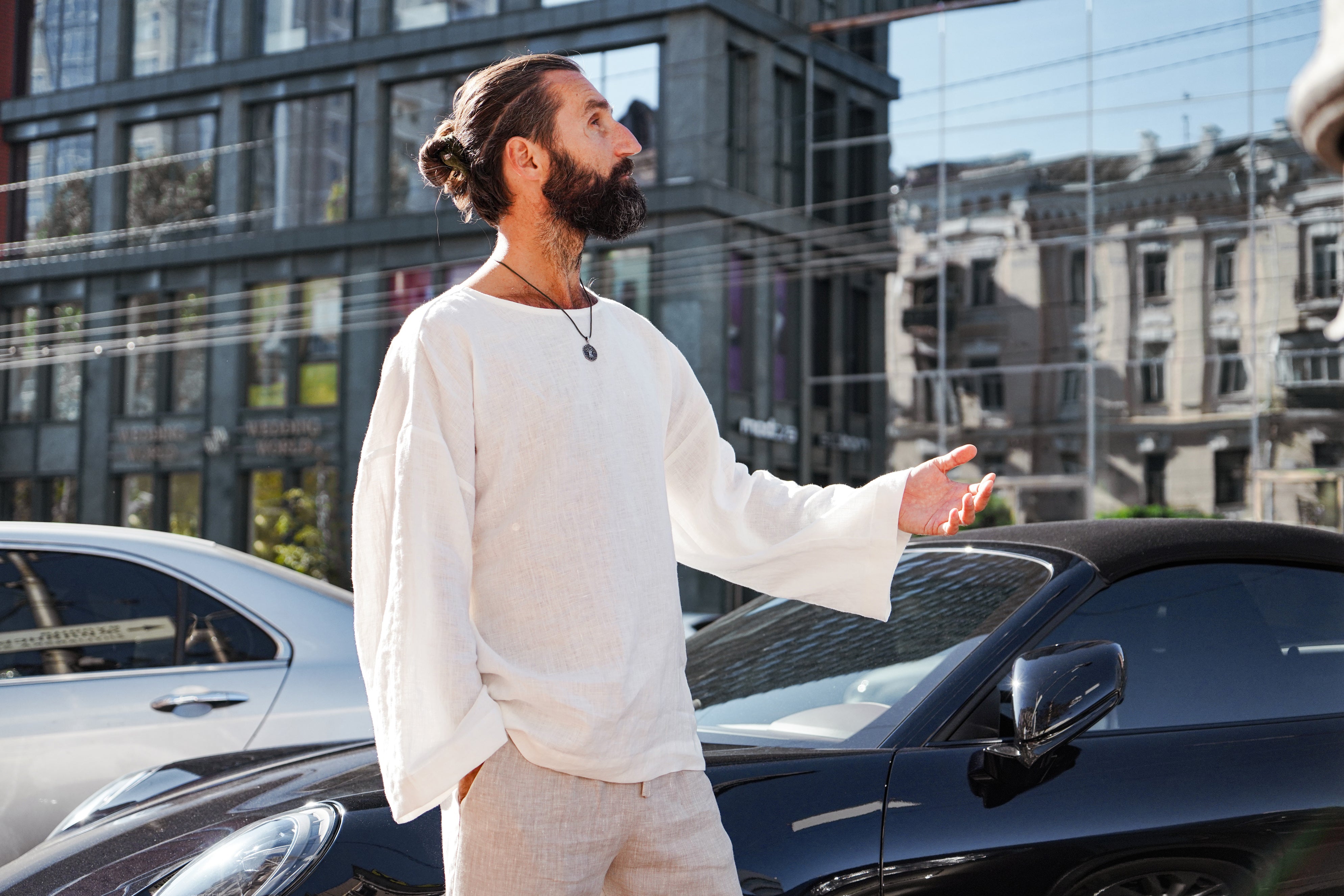 Men’s oversized linen sweatshirt with wide sleeves ACACIA in Beige