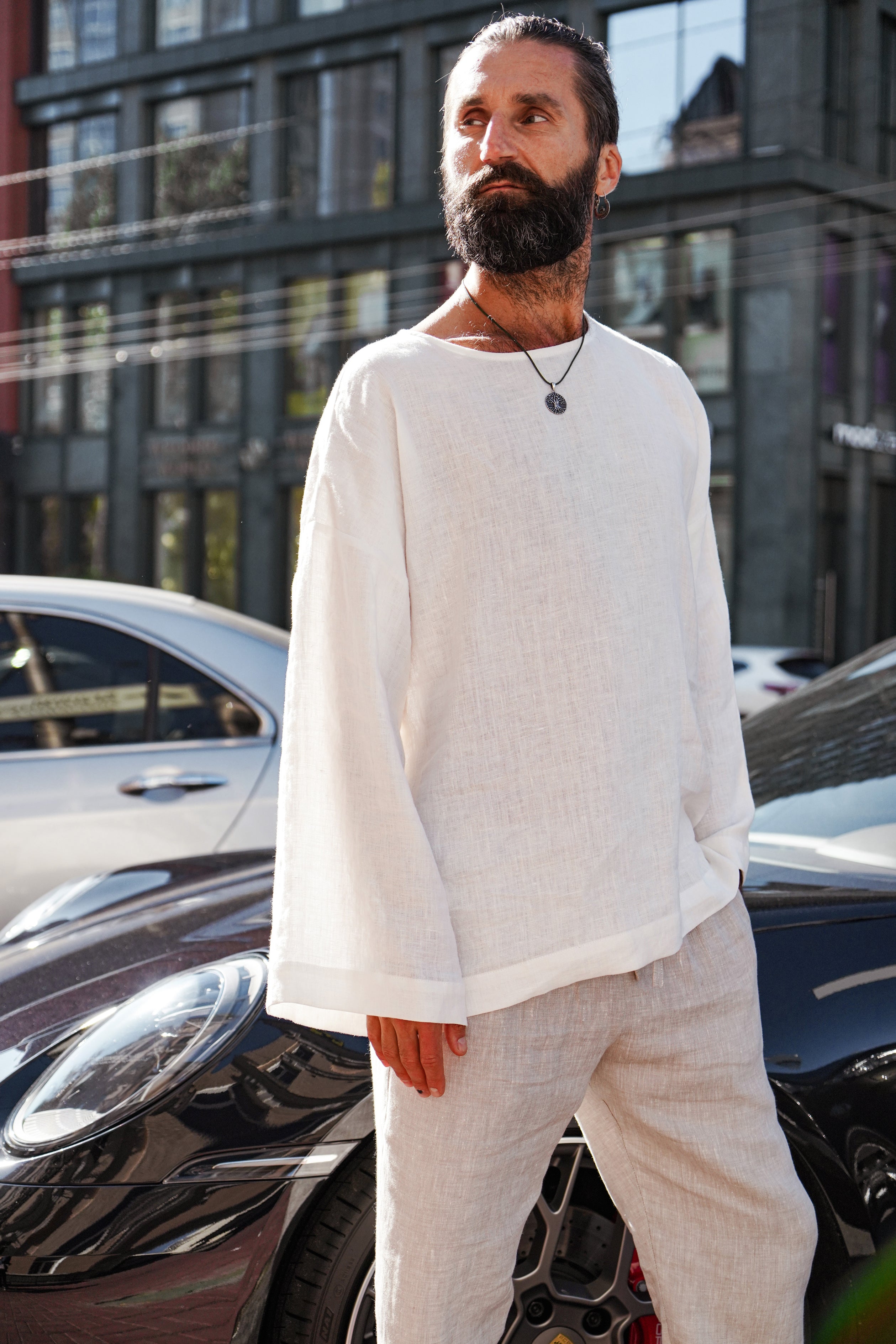 Men’s oversized linen sweatshirt with wide sleeves ACACIA in Beige