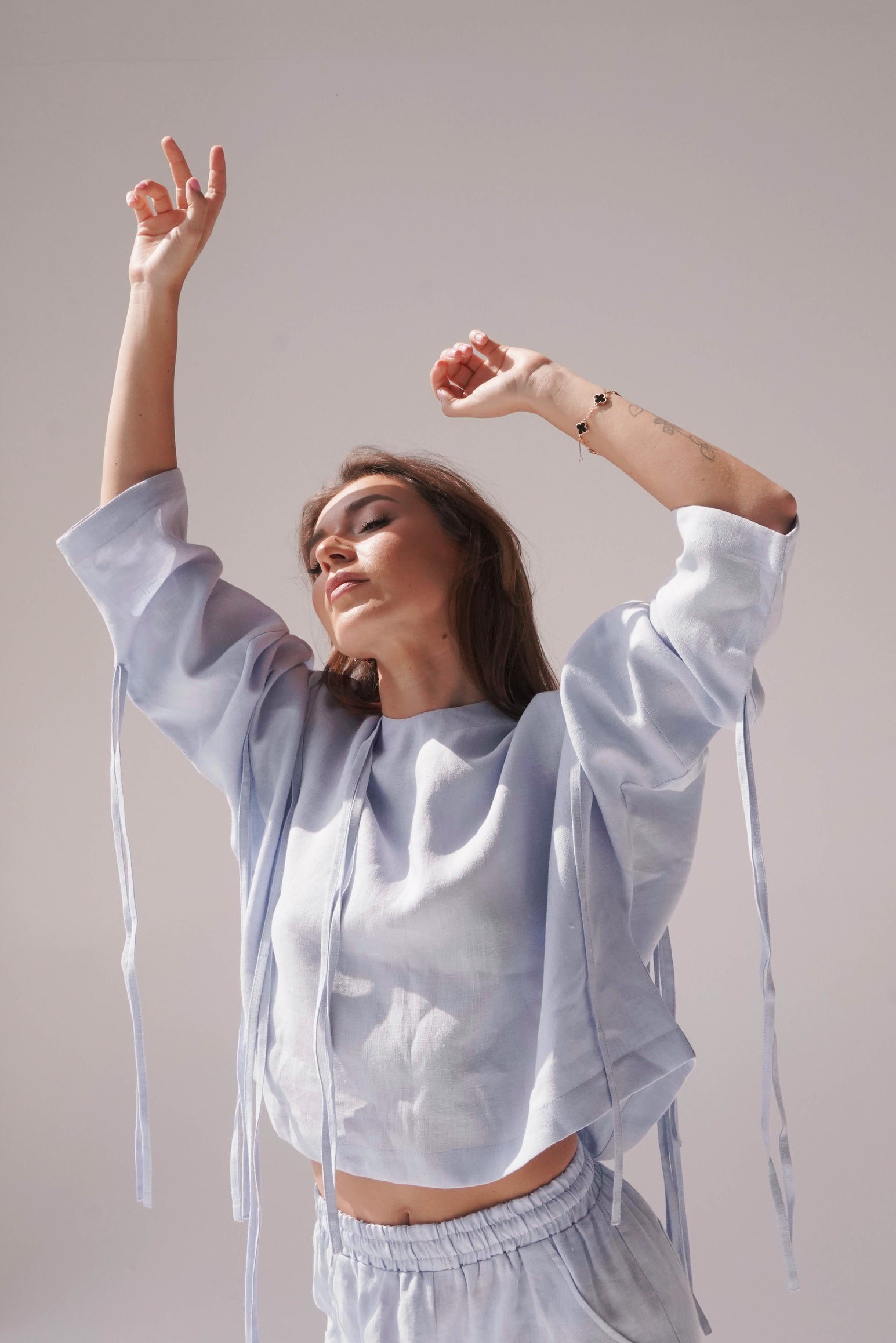 Womens Linen Crop Blouse OLEA in Light blue
