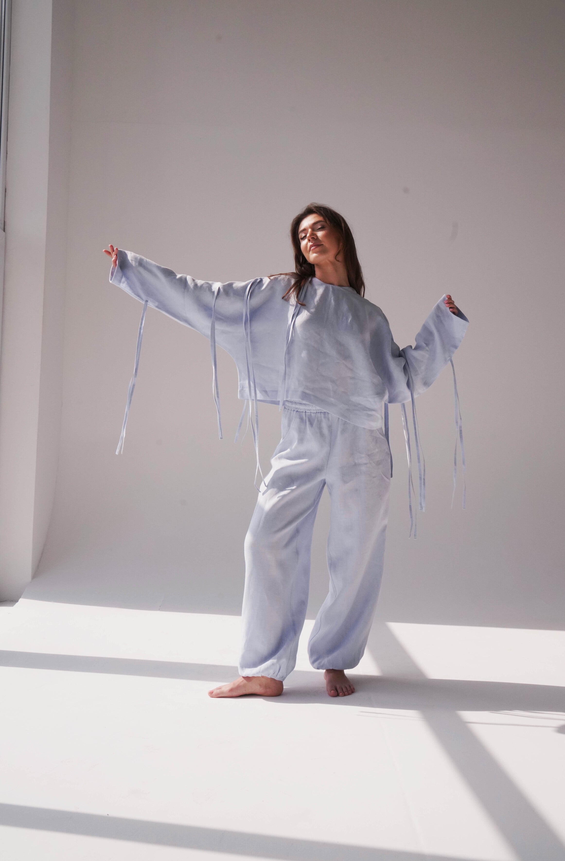 Womens Linen Crop Blouse OLEA in Light blue