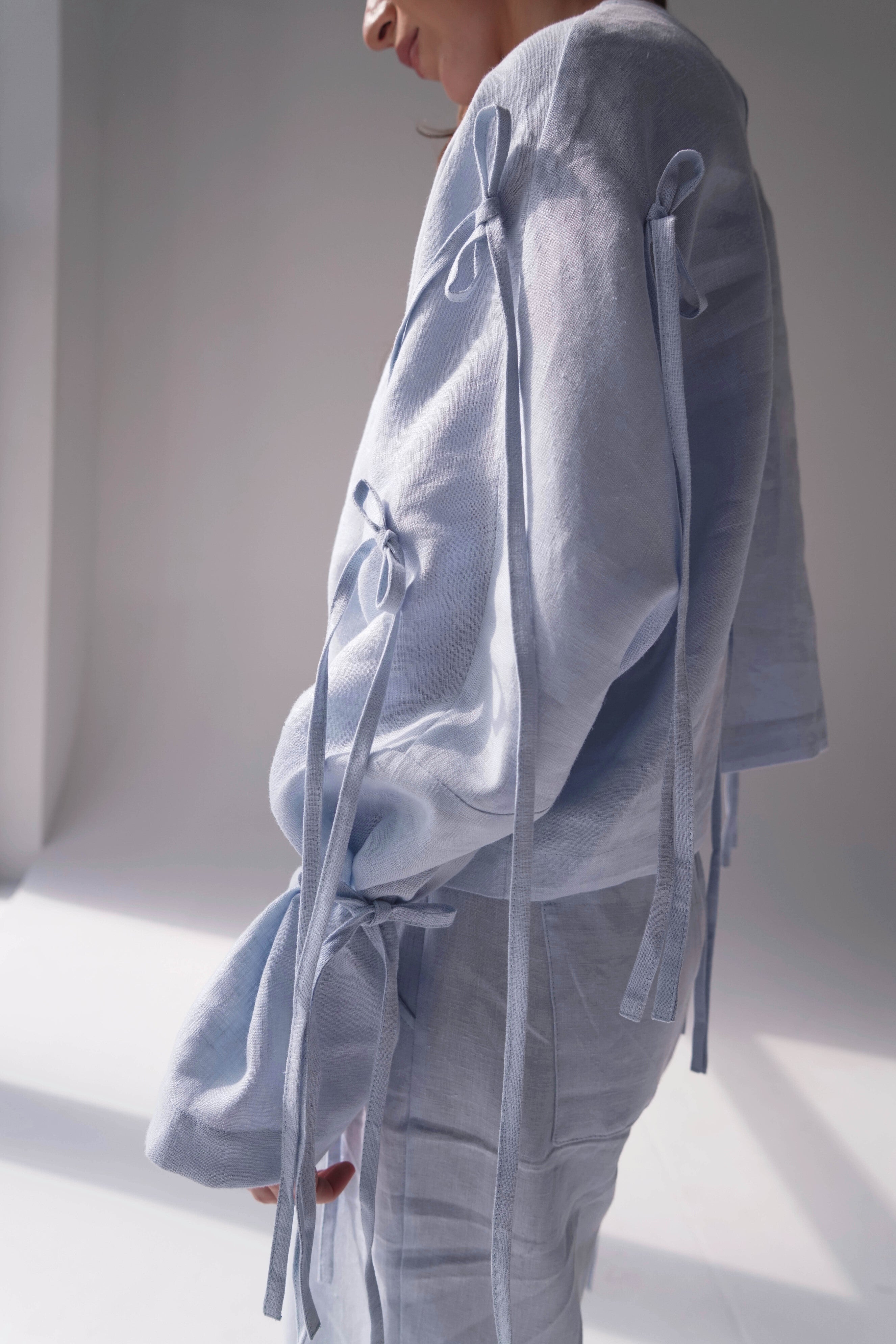 Womens Linen Crop Blouse OLEA in Light blue