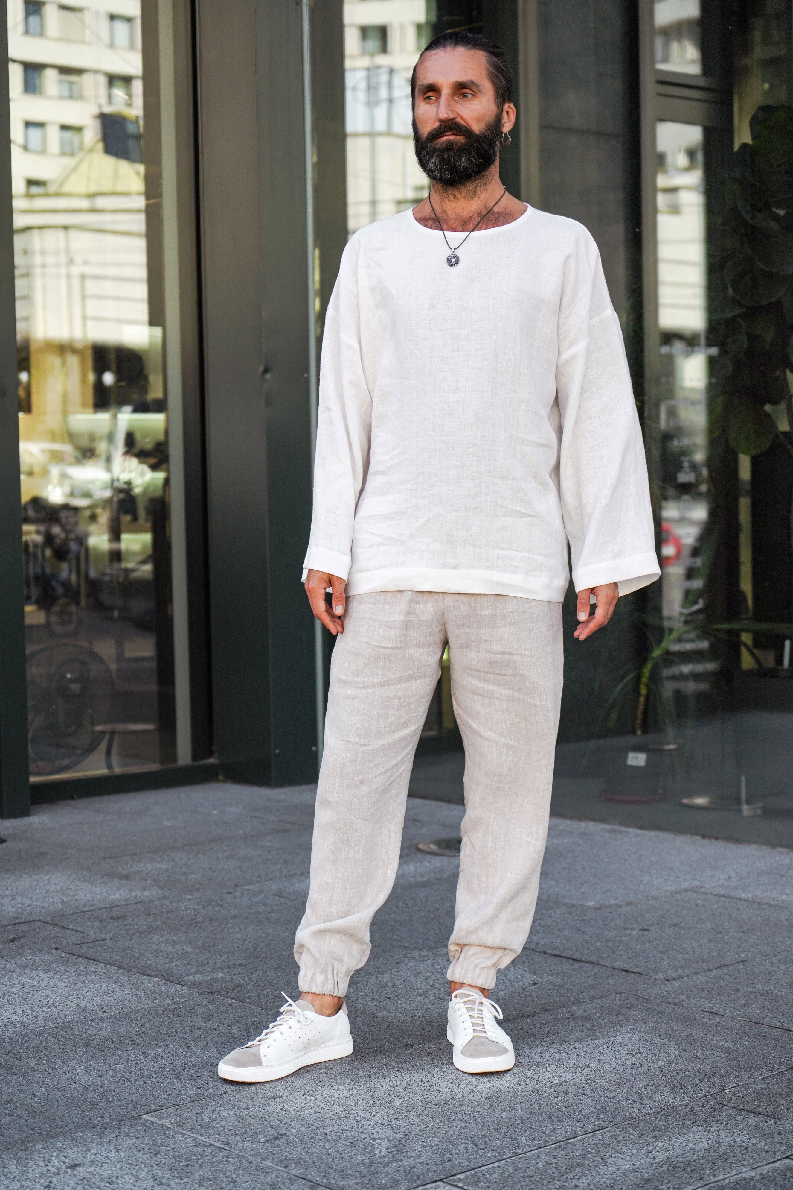 Men’s oversized linen sweatshirt with wide sleeves ACACIA in Beige