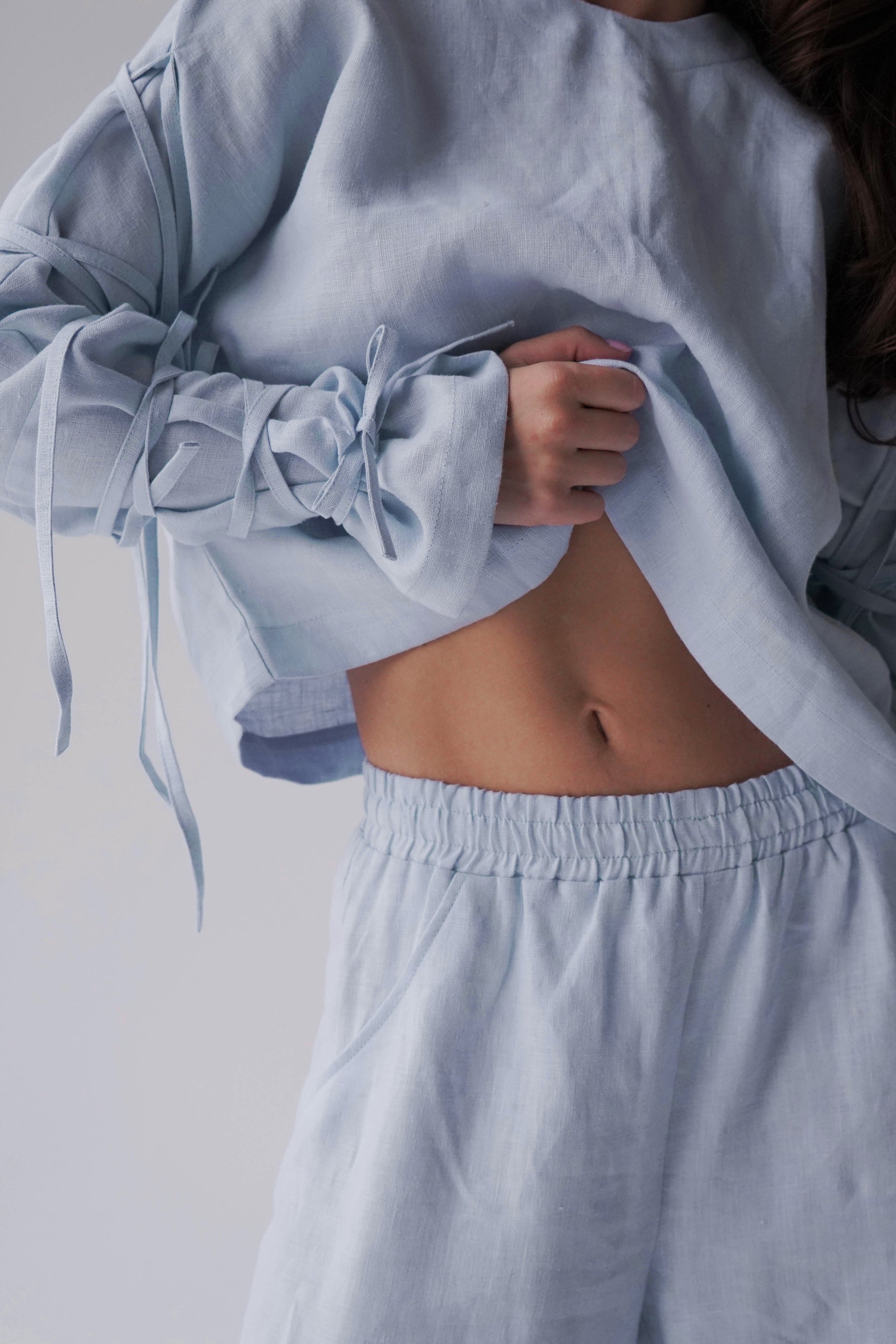 Womens Linen Crop Blouse OLEA in Light blue