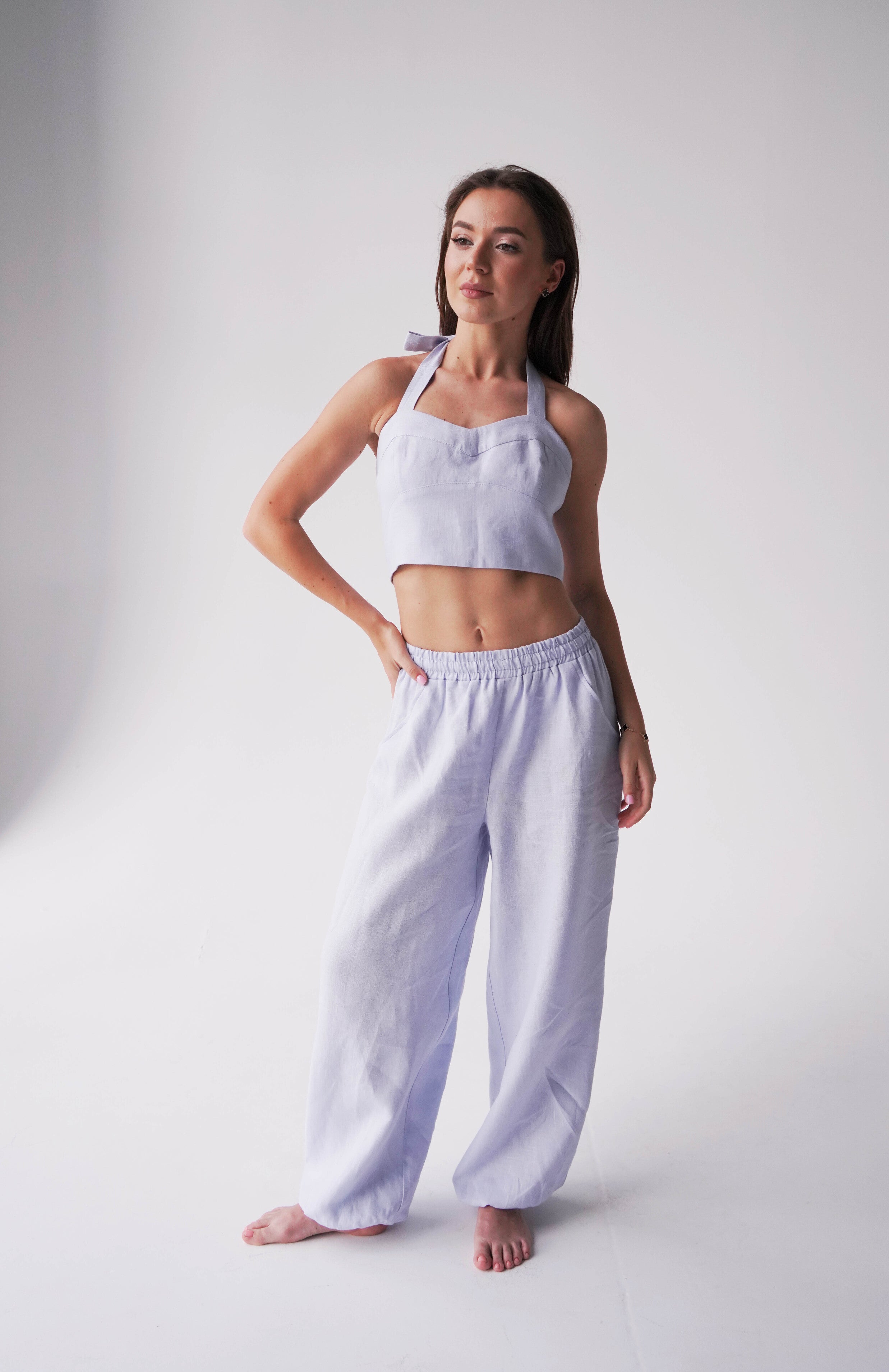 Linen Lace-Up Crop Top IVINA in Light blue