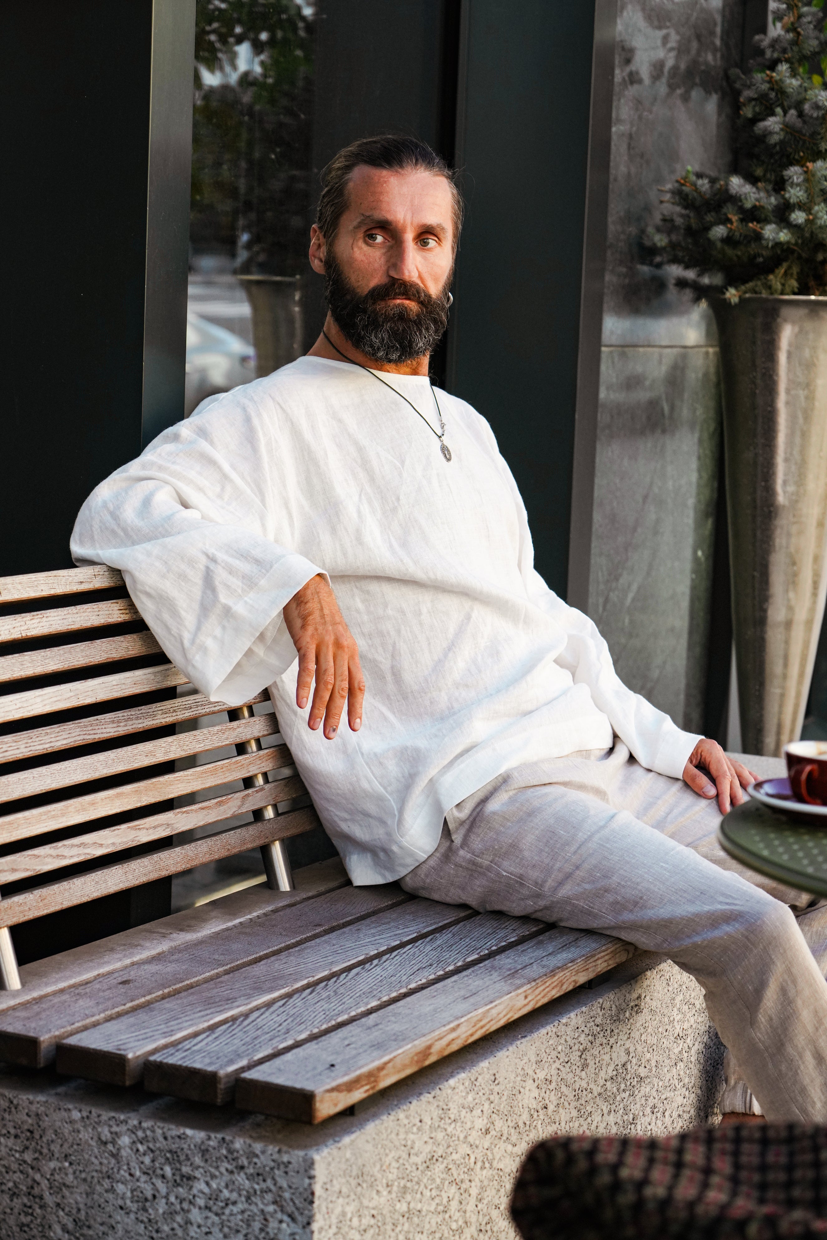 Men’s oversized linen sweatshirt with wide sleeves ACACIA in Beige