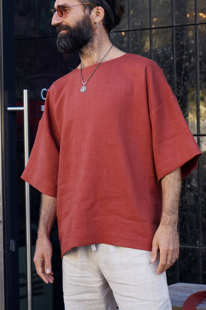 Men’s Oversized Linen T-Shirt LOTUS in Terracotta