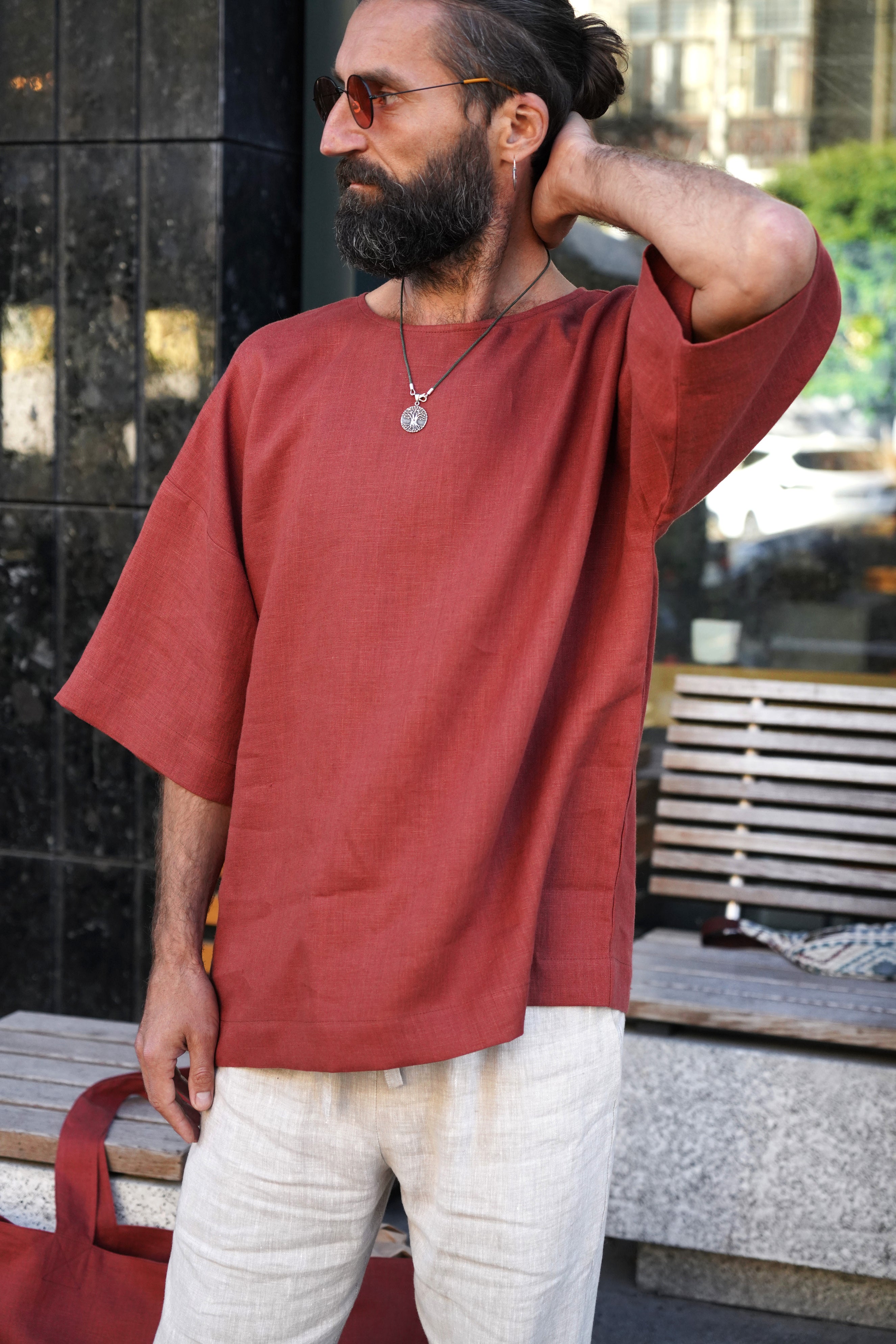 Men’s Oversized Linen T-Shirt LOTUS in Terracotta