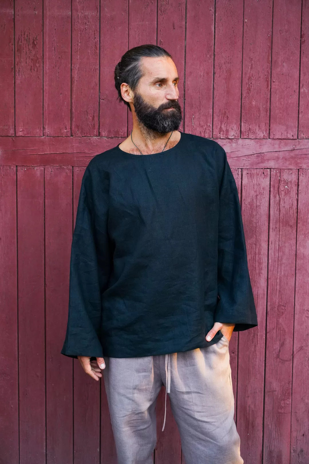 Men’s oversized linen sweatshirt with wide sleeves ACACIA in Black