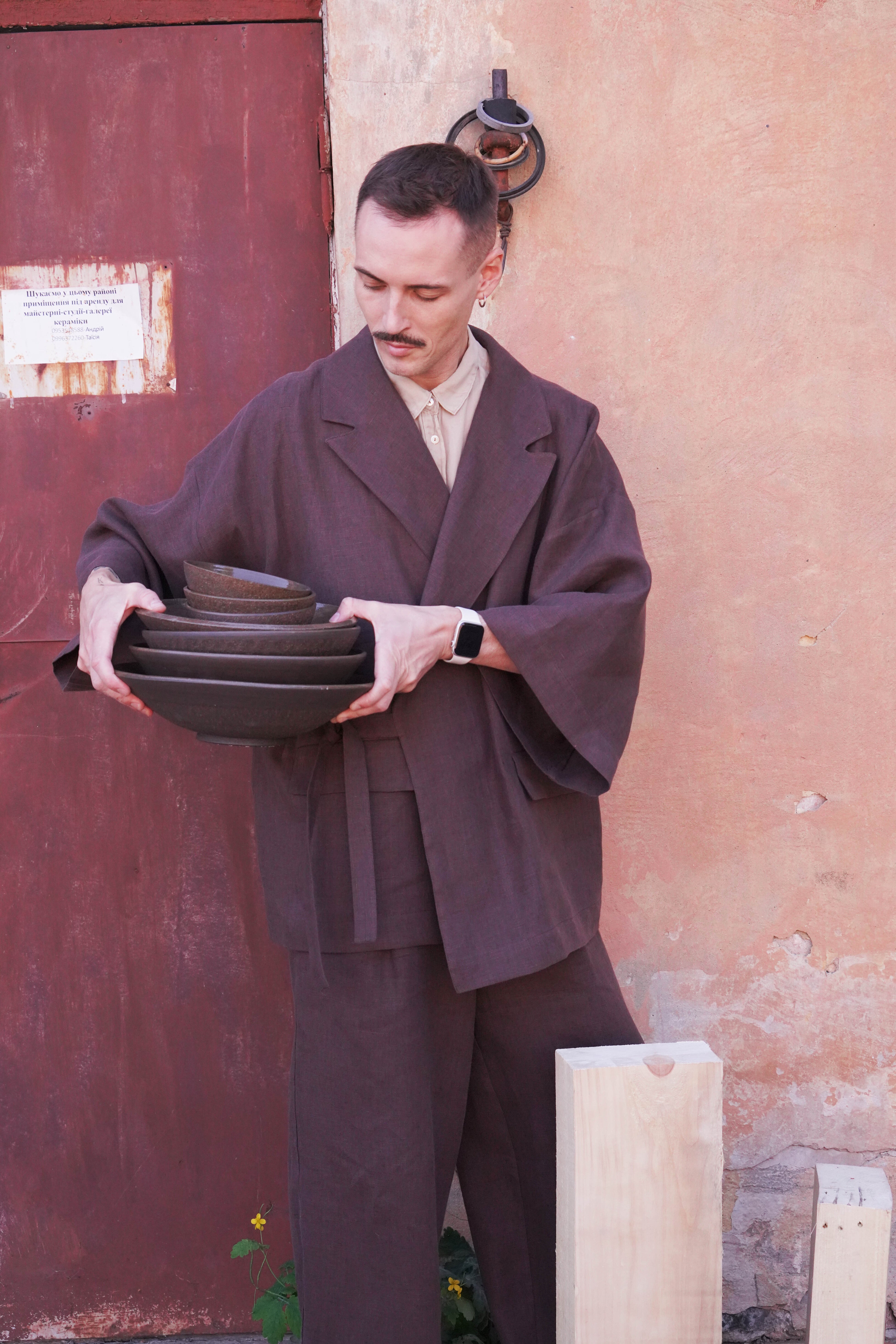 Mens Linen Kimono Jacket SAKURA in Brown