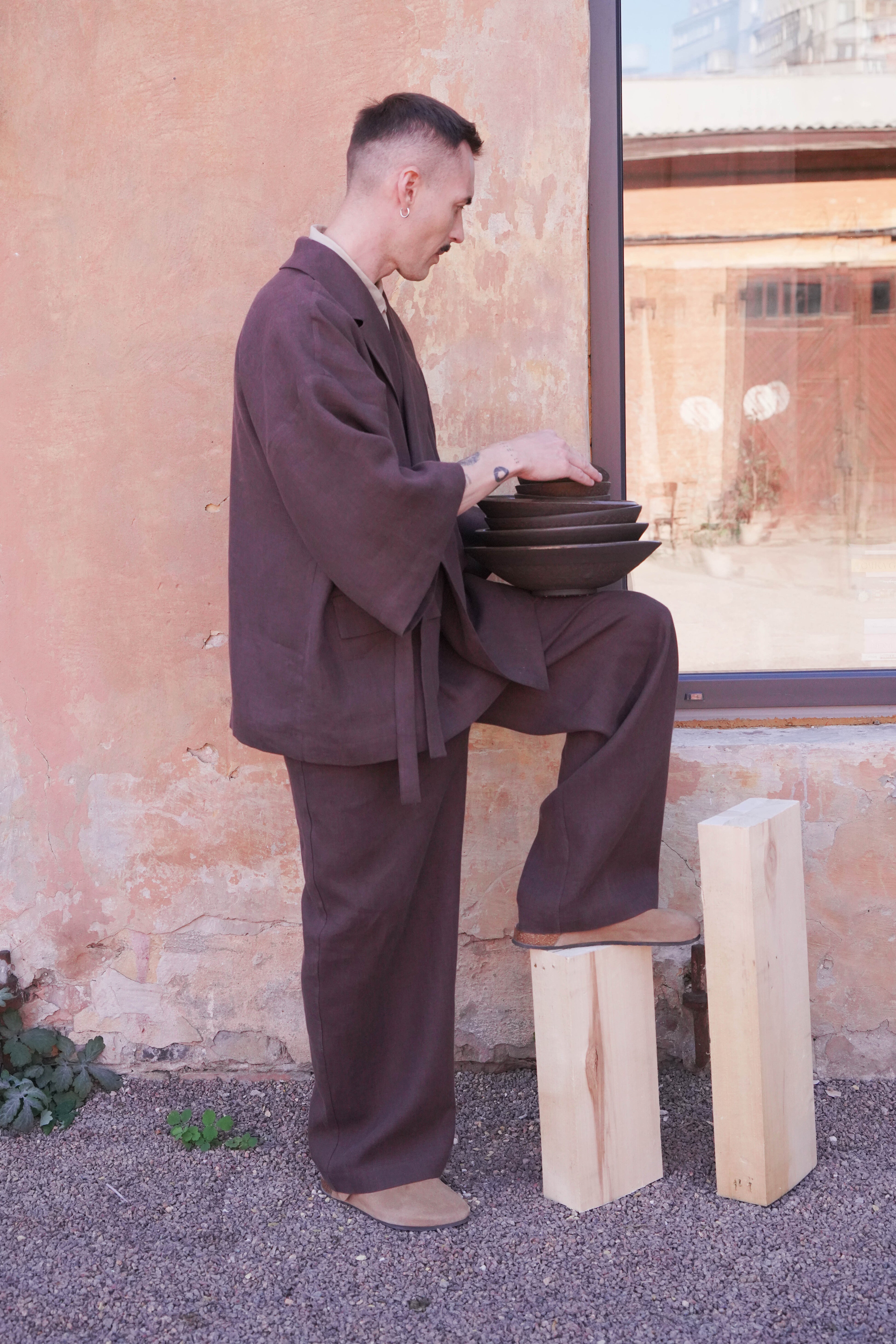 Mens Linen Kimono Jacket SAKURA in Brown